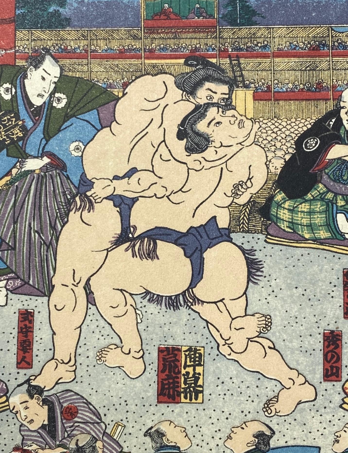 20th Century Tokoyuni III Kunisada Japanese Woodblock Print Wrestling Sumo for Charity For Sale
