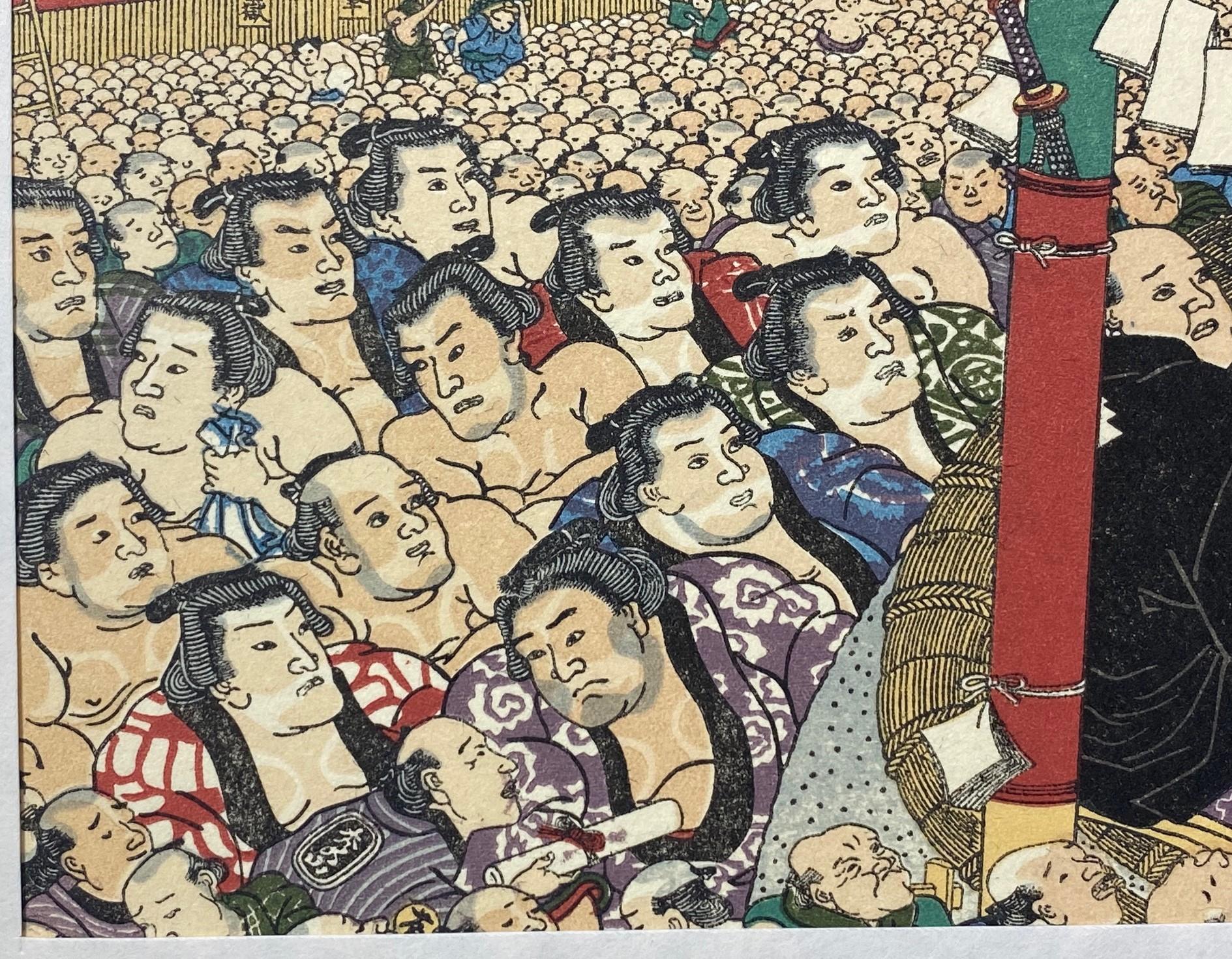 Papier Tokoyuni III Kunisada japonaise gravure sur bois - Sumo combattant pour la charité en vente