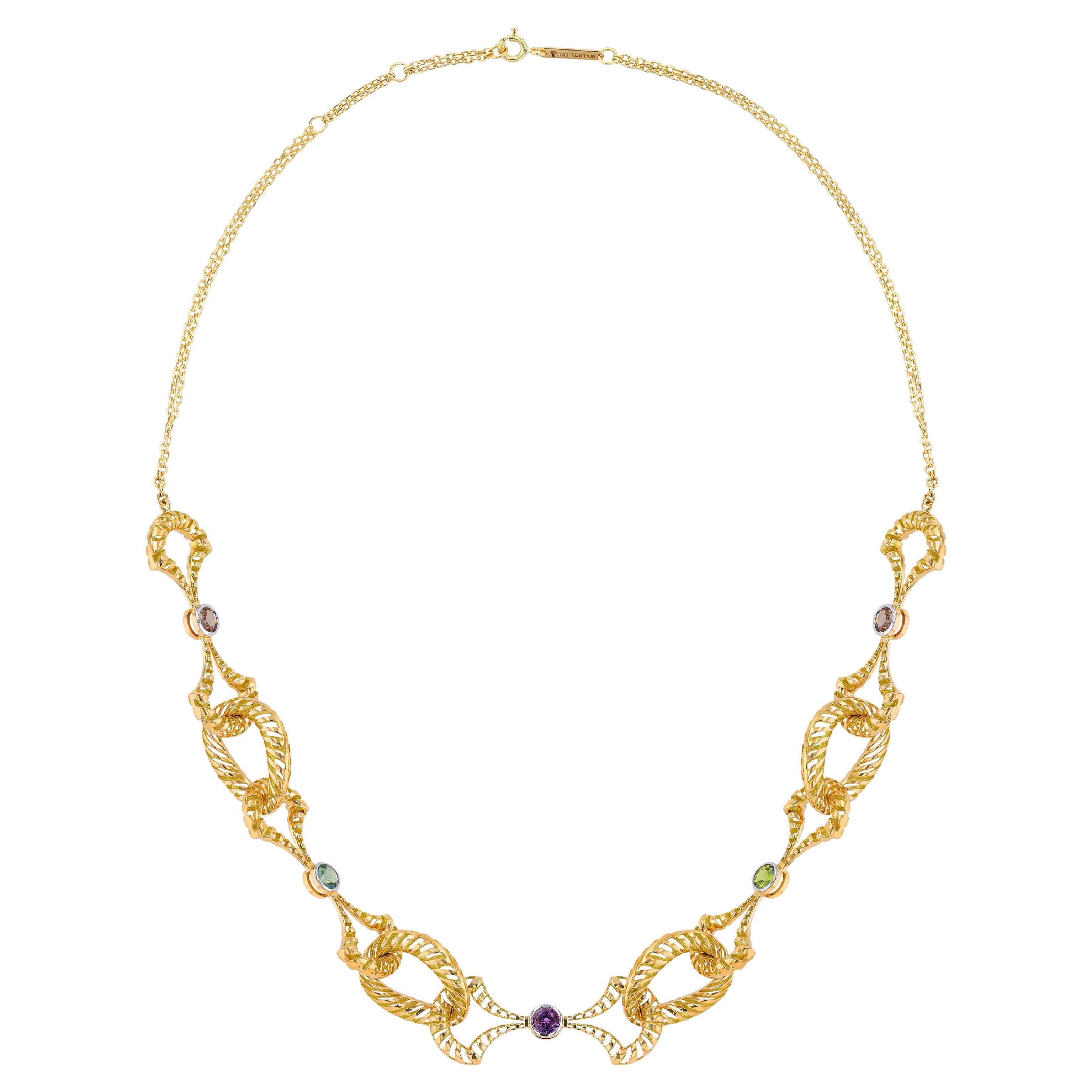 TOKTAM 18k Yellow Gold Geometric Double Chain Diamond Necklace For Sale