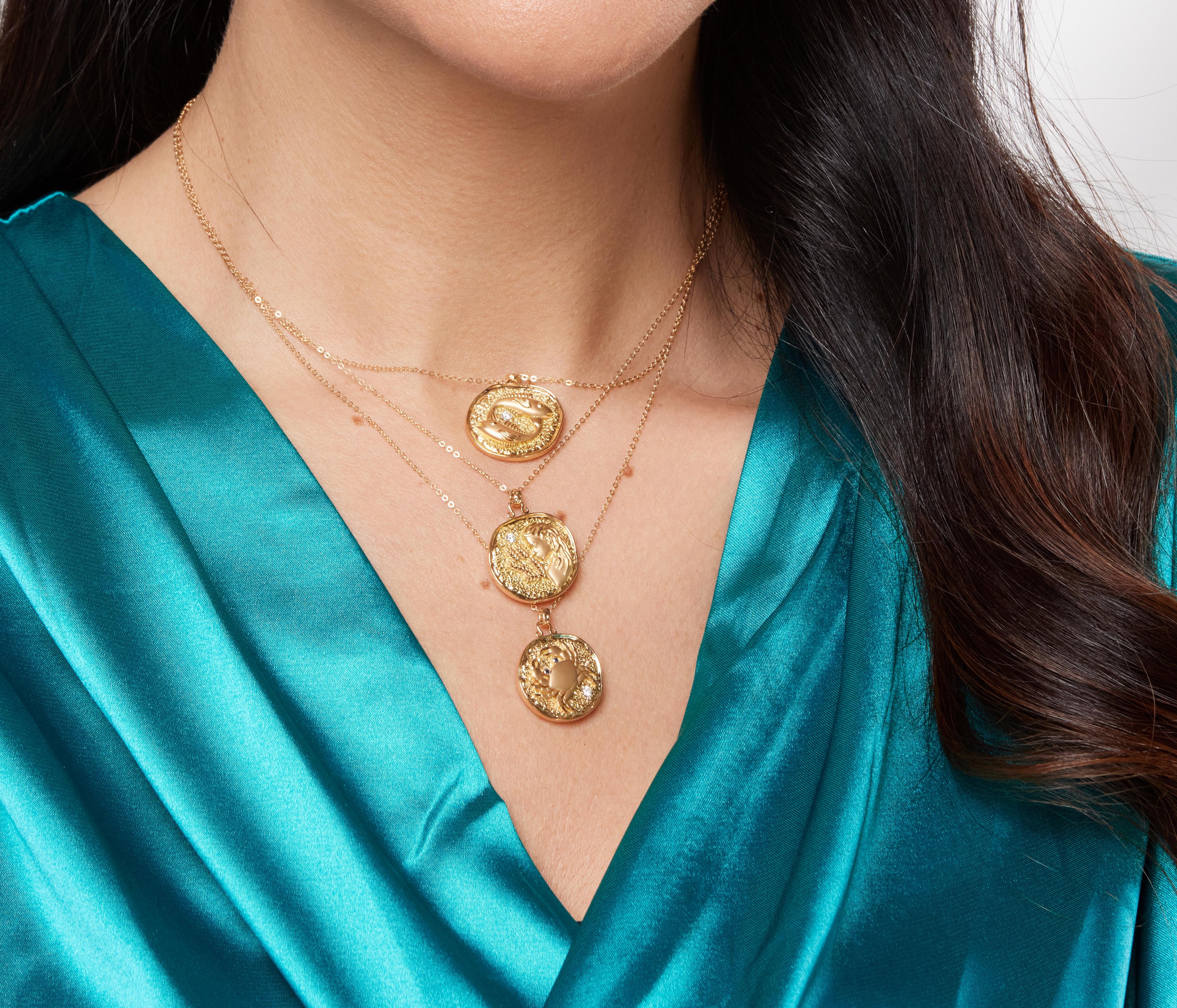 Round Cut Toktam 18k Yellow Gold Zodiac Sign Libra Diamond Necklace For Sale