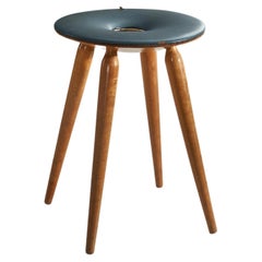 Retro Tokukichi Kato, Stool, Beech, Blue Vinyl, Tendo Mokko, Japan, 1955