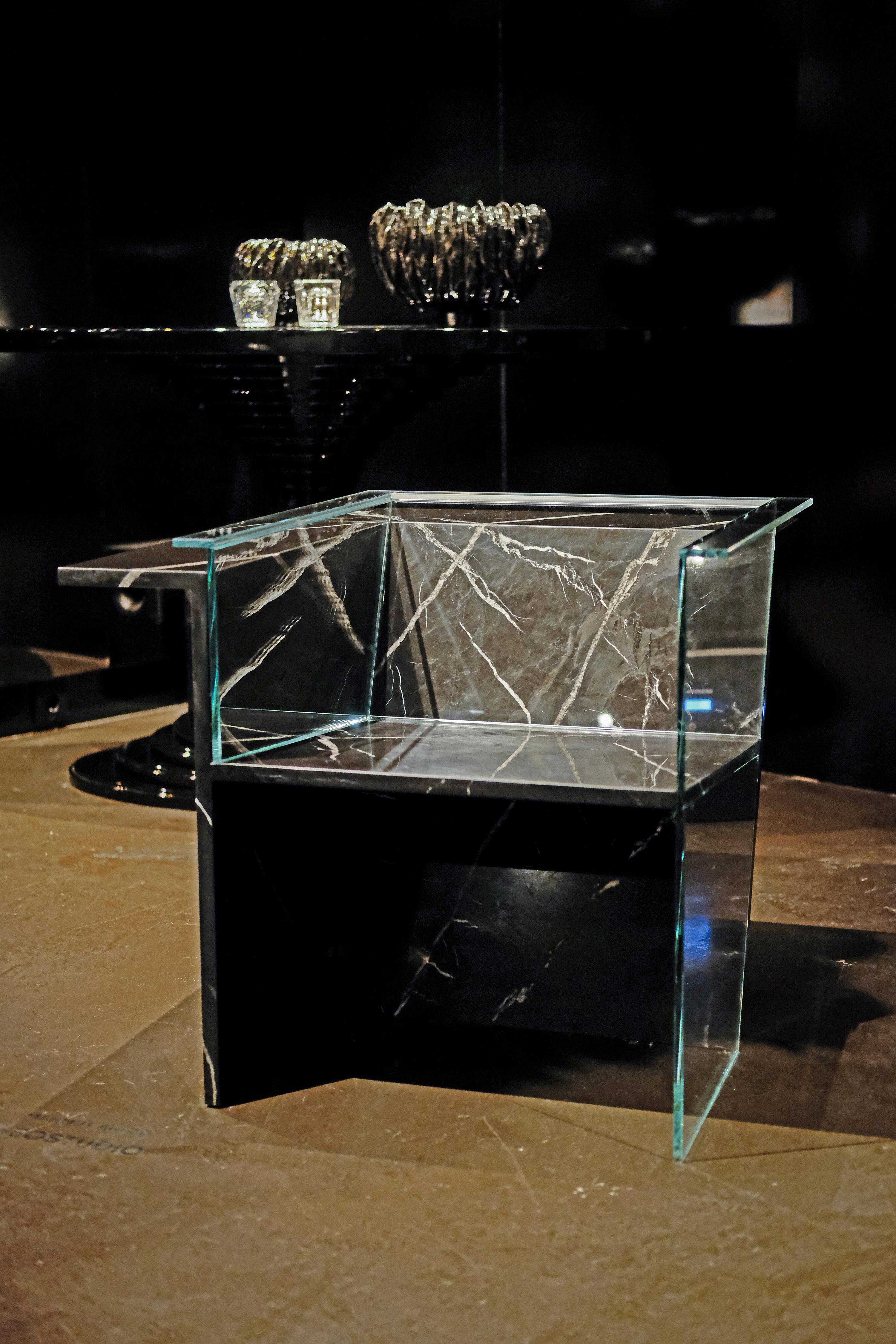Turkish Tokyo Armchair, Embodying A Bold Form with Glass and Toros Black Marble For Sale