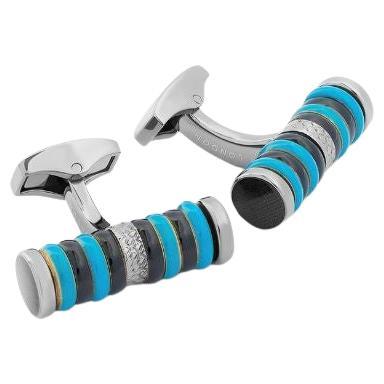 Tokyo Rings Cylinder Cufflinks with Blue Enamel and Gunmetal Finish For Sale