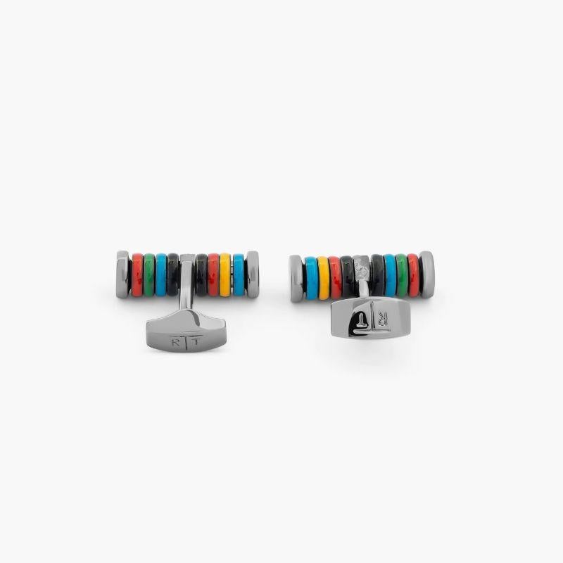 Tokyo Rings Zylinder-Manschettenknöpfe mit mehrfarbiger Emaille und Palladium-Finish im Zustand „Neu“ im Angebot in Fulham business exchange, London