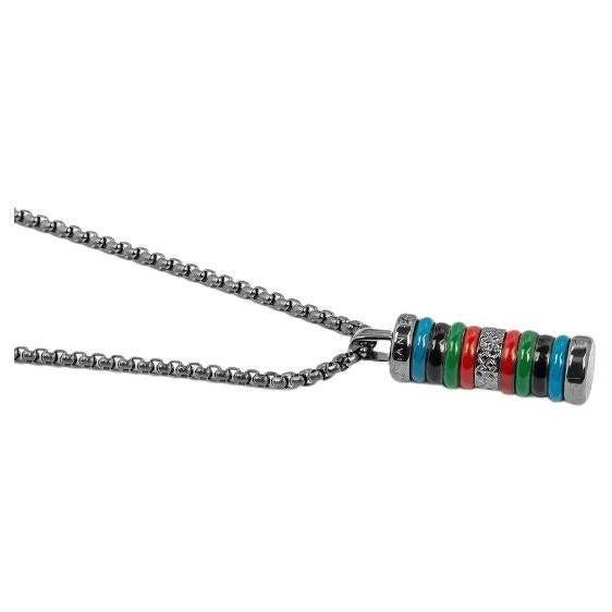 Tokyo Rings Cylinder Necklace with Multicolour Enamel in Black IP Plated Steel