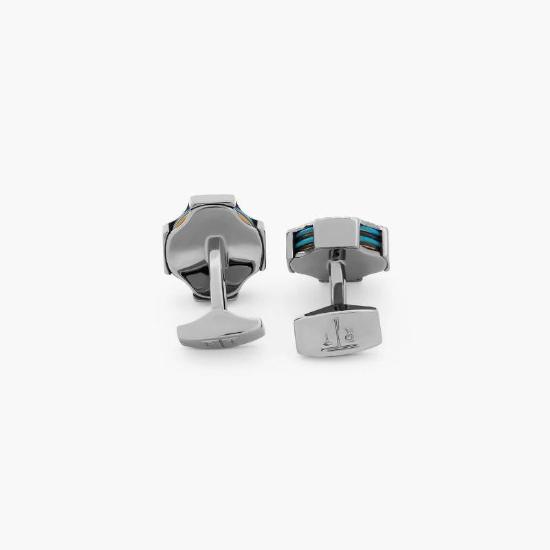 Tokyo Rings Stack Cufflinks with Blue Enamel and Gunmetal Finish In New Condition For Sale In Fulham business exchange, London