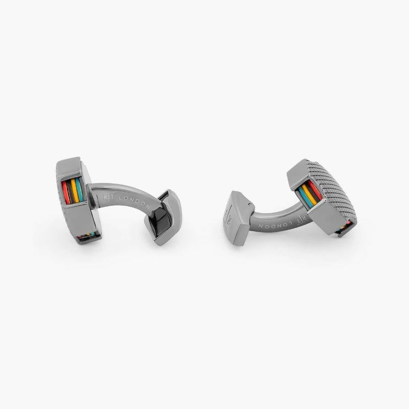 Tokyo Rings Stack cufflinks with multicolour enamel and palladium finish

Created to celebrate the upcoming Tokyo Olympics these cufflinks feature a series of stacked rings sporting your team's colours. Choose between red, green, black, and blue, or
