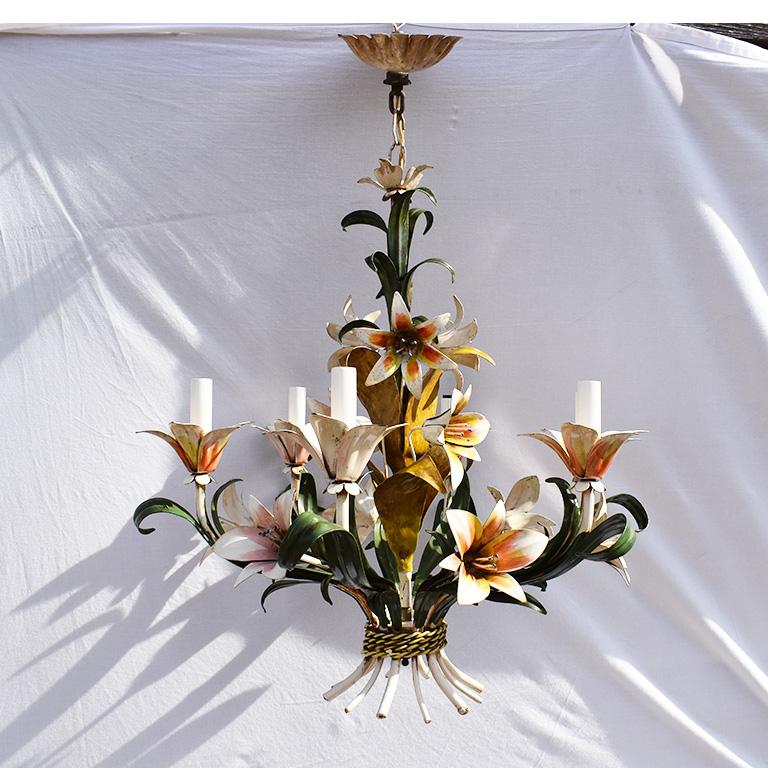American Tole 6-Light Floral Hard Wired Chandelier in the style of Maison Baguès