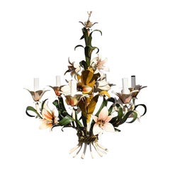 Antique Tole 6-Light Floral Hard Wired Chandelier in the style of Maison Baguès