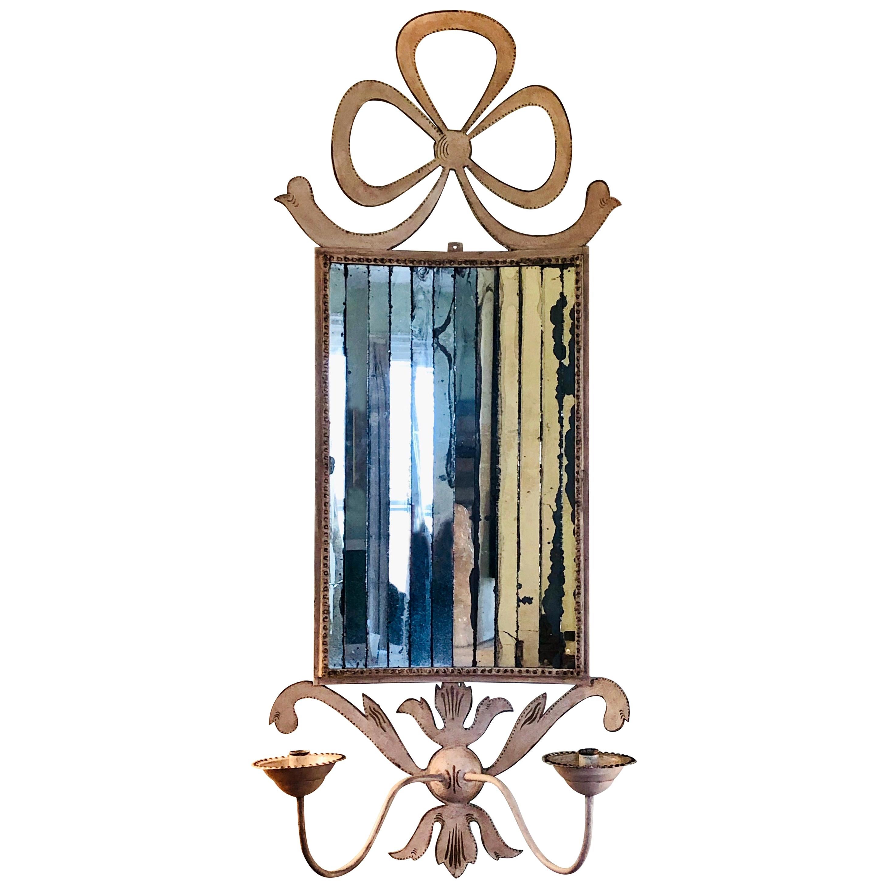 Tole and Mirrored White Painted Two-Light Sconce For Sale