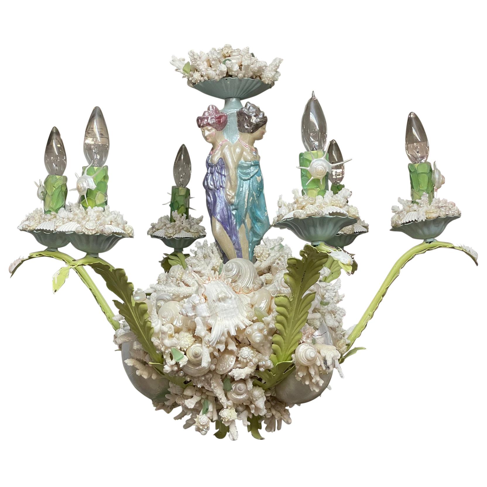 Tole and Shell Figurine Chandelier One of a Kind For Sale
