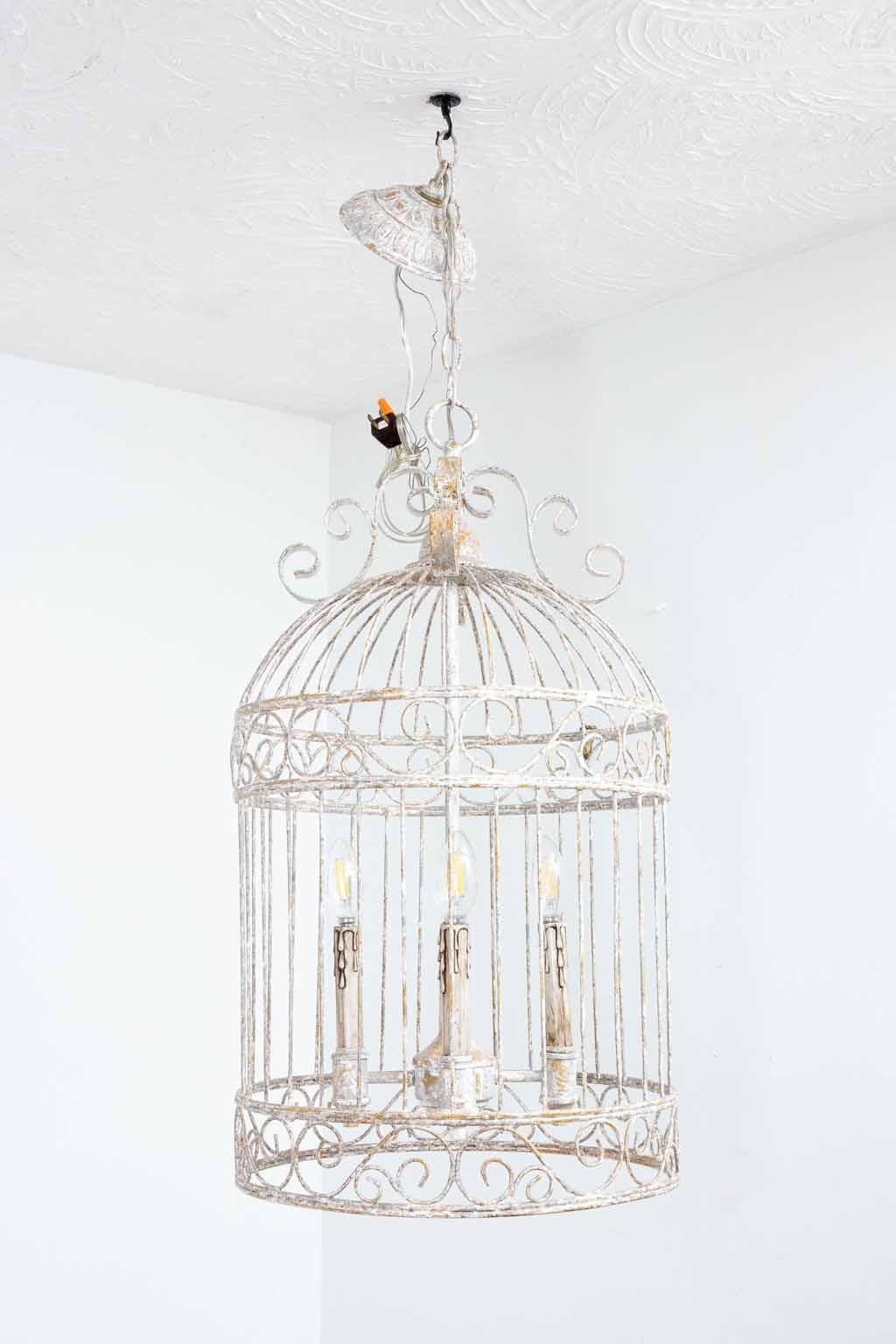 Lampadario a gabbia d'uccello dipinto a olio di grandi dimensioni con 4 luci e baldacchino originale. Ricablato e pronto all'uso