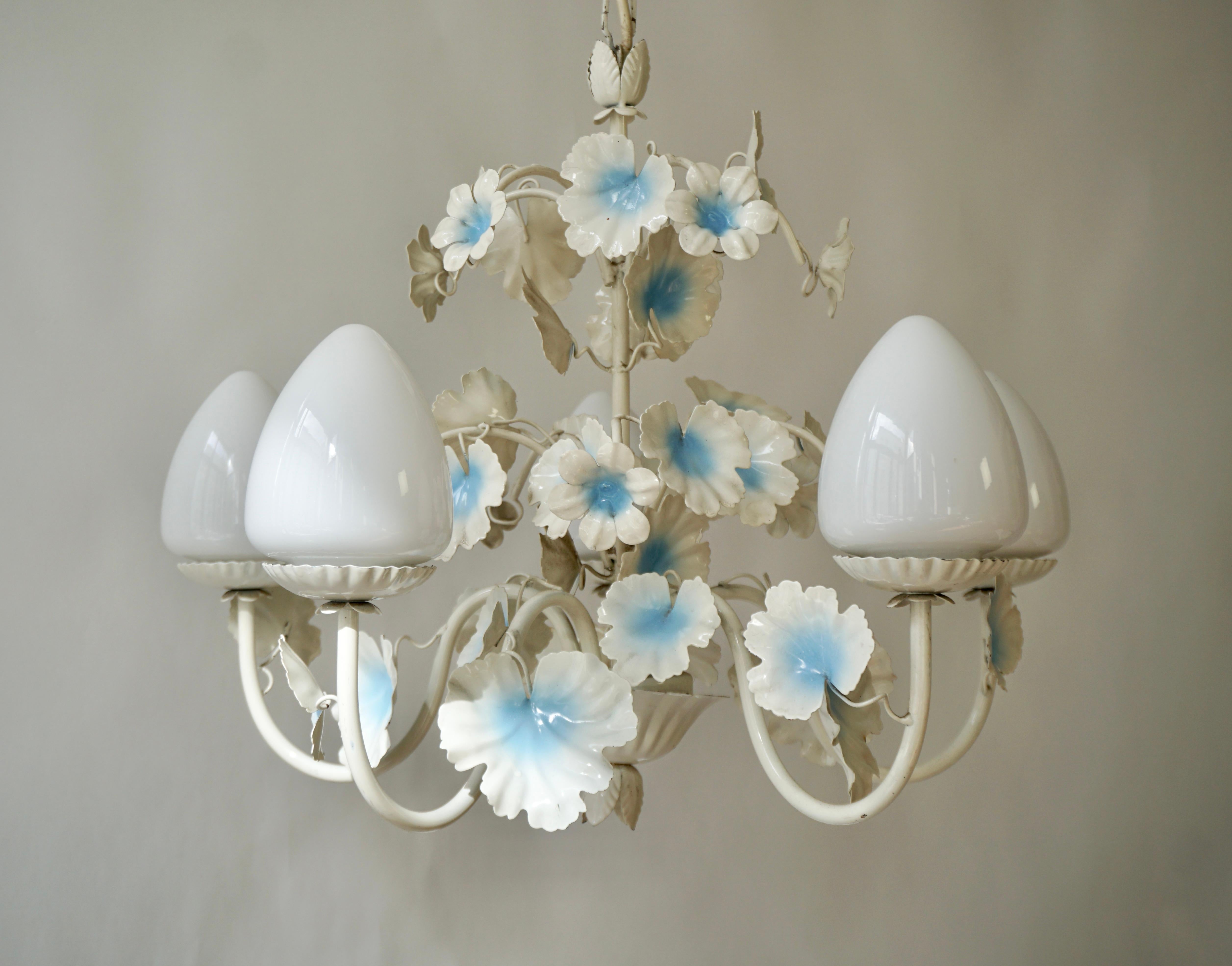 Mid-Century Modern Tole Chandelier with Five Light Opaline Glass Globes For Sale