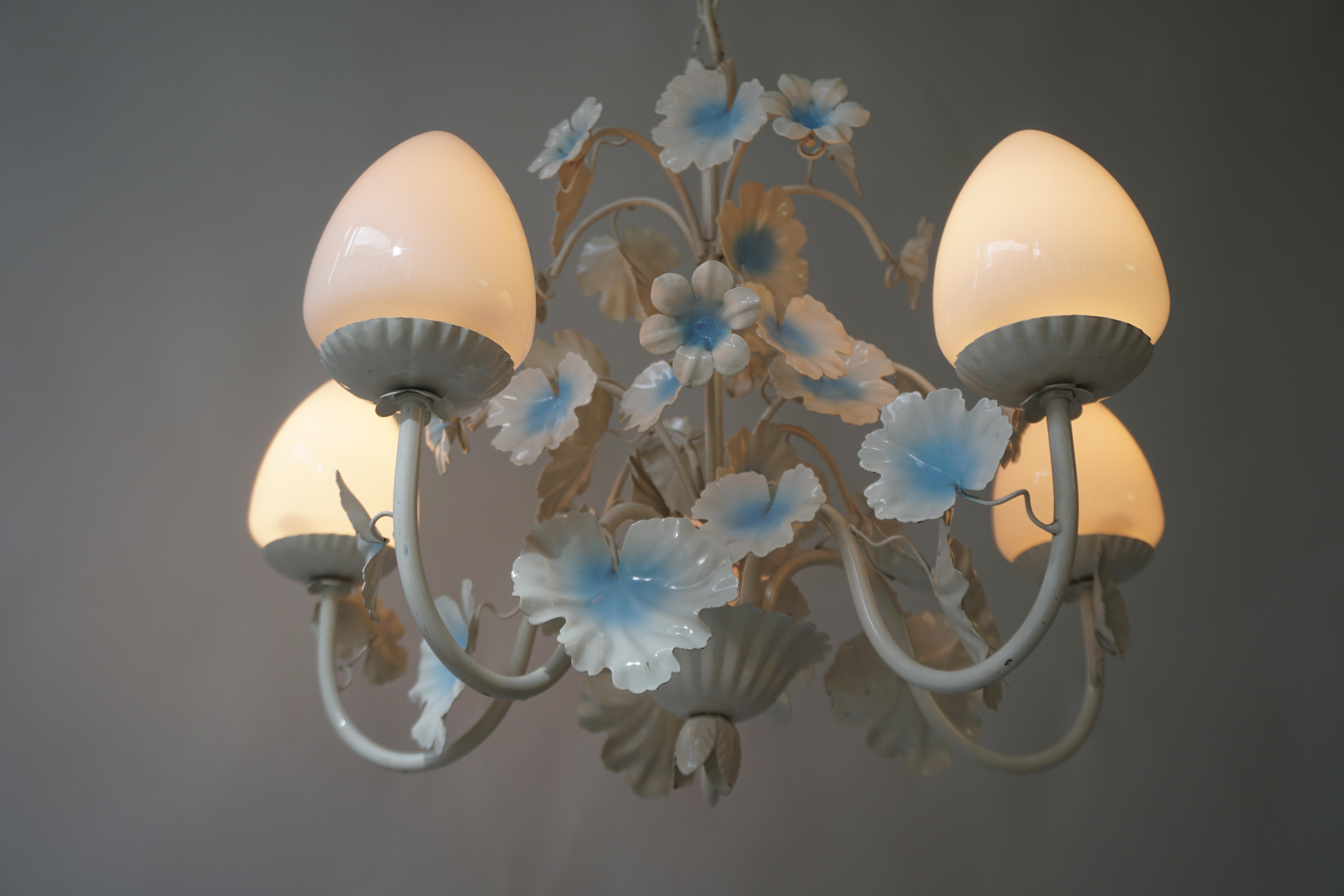 Painted Tole Chandelier with Five Light Opaline Glass Globes For Sale