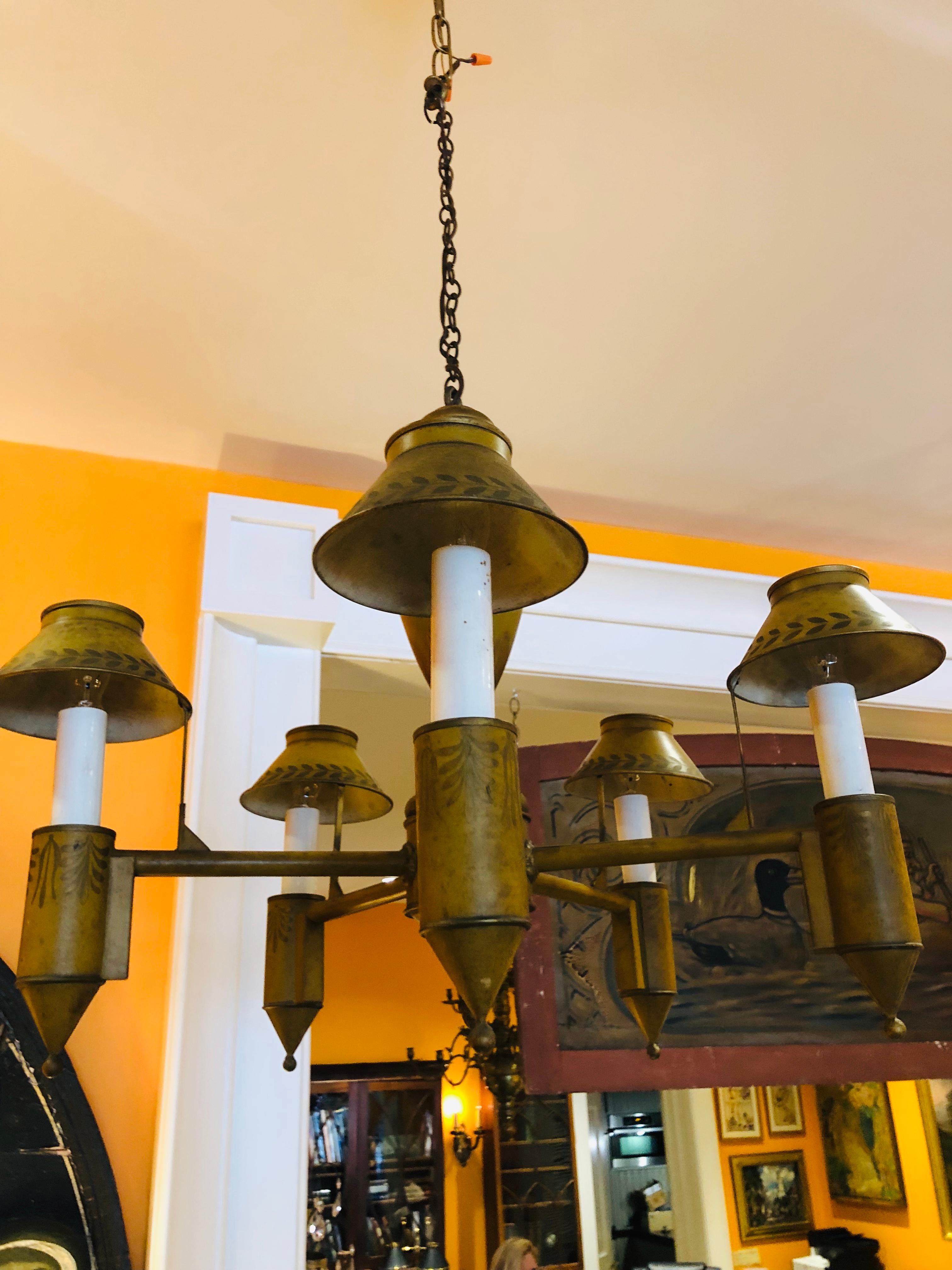 Tole Chandelier with Original Mustard and Hand Stenciled Paint, 20th Century In Good Condition In Charleston, SC