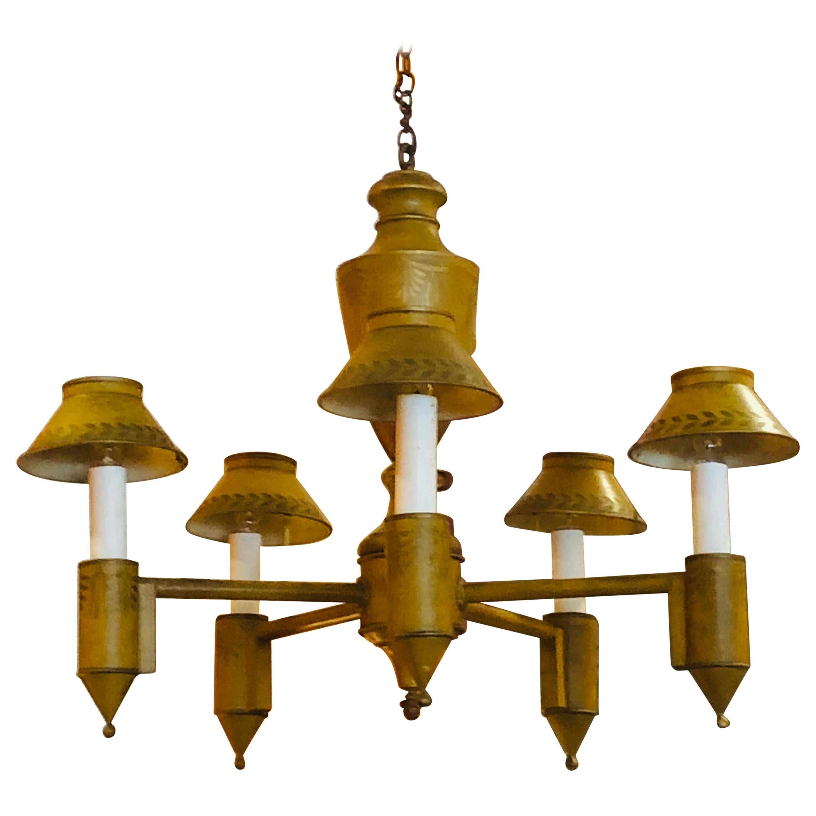 Tole Chandelier with Original Mustard and Hand Stenciled Paint, 20th Century