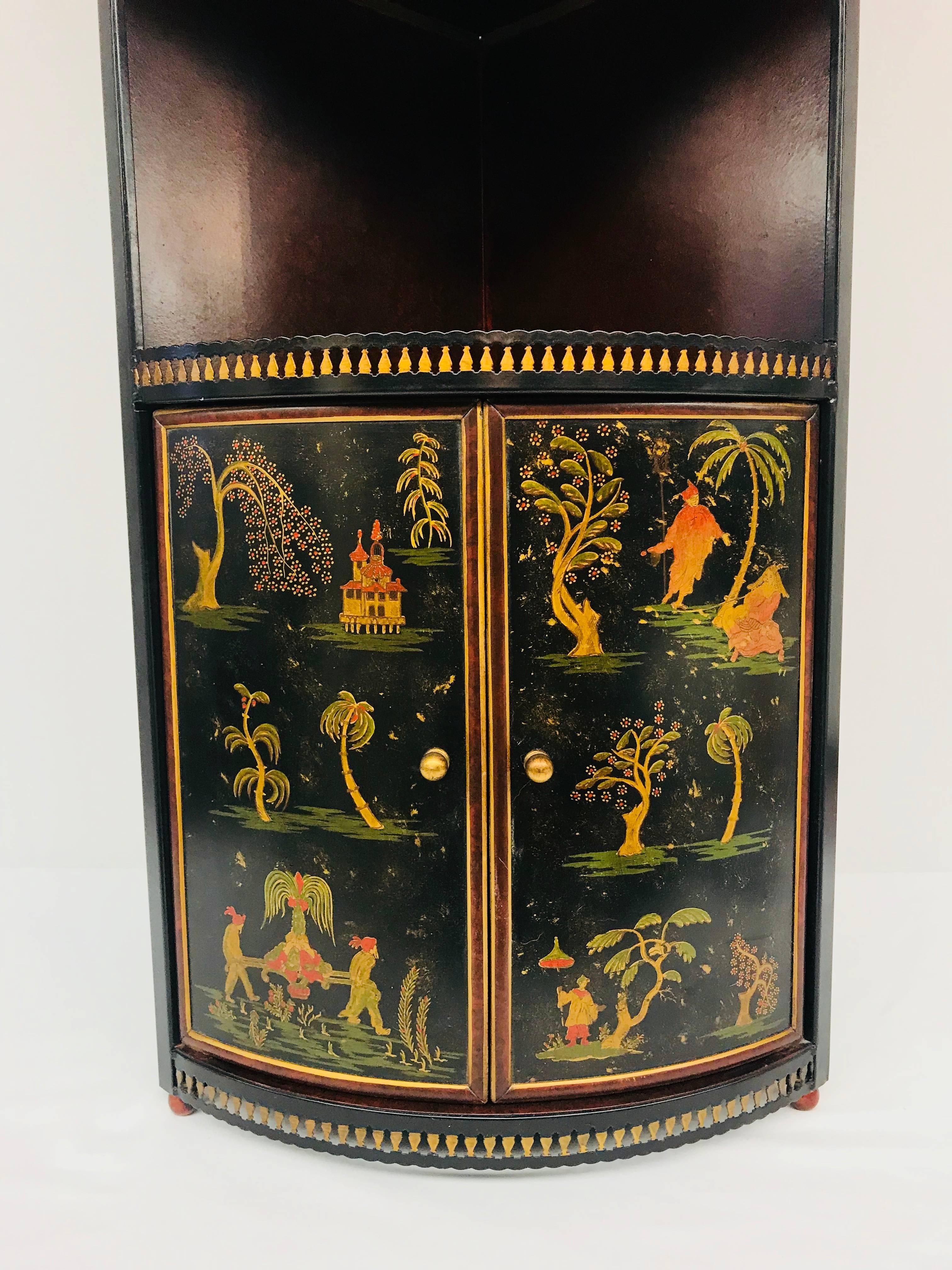 Tôle Tole Chinoiserie Corner Wall Cabinet For Sale