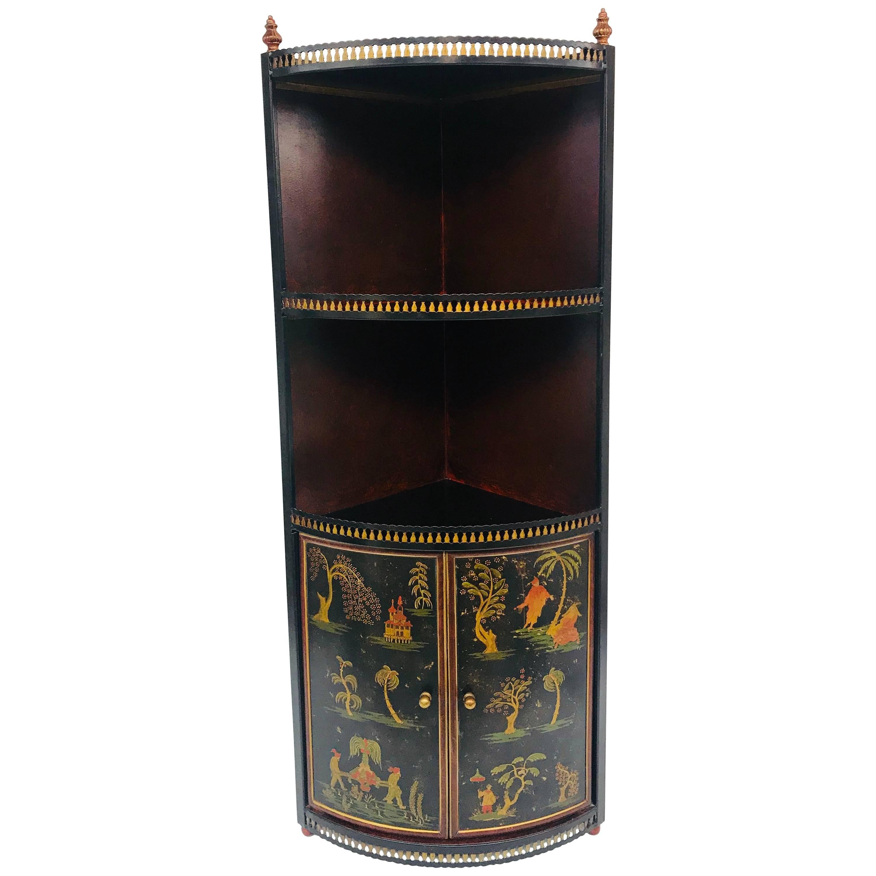 Tole Chinoiserie Corner Wall Cabinet For Sale