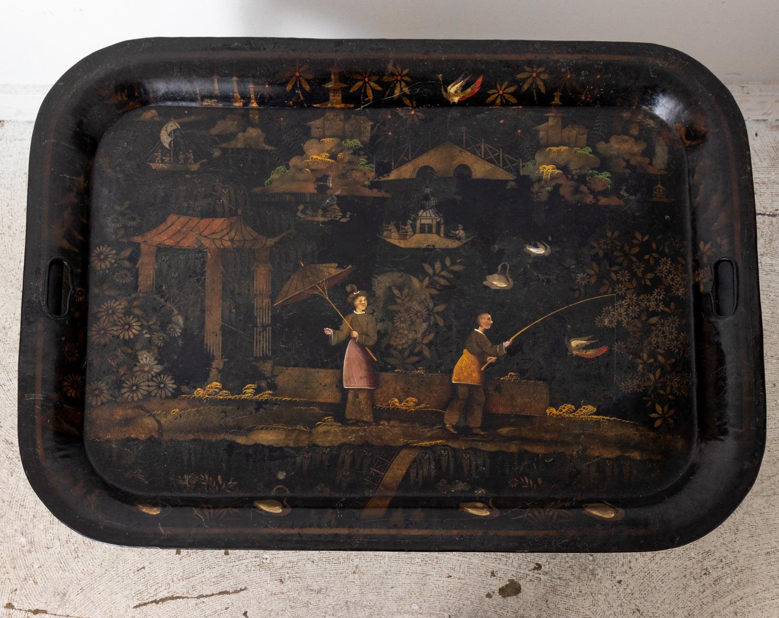 Unknown Tole Chinoiserie Tray Table with Base