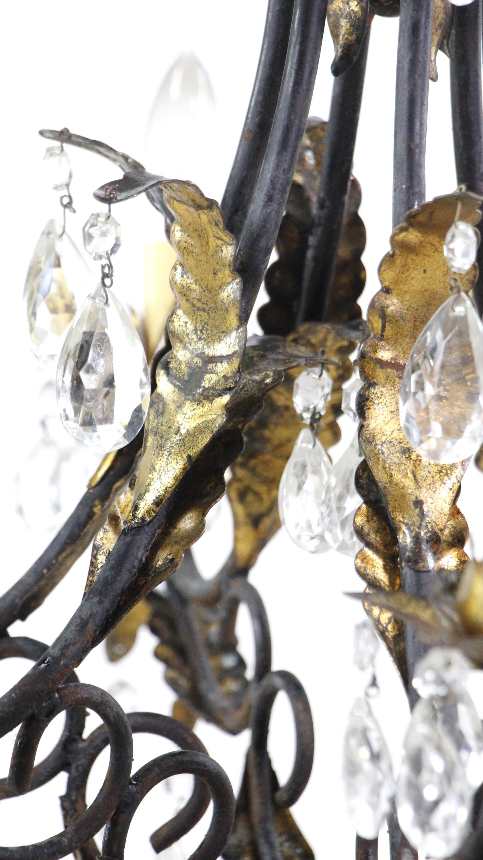 Tole Crystal Chandelier Black + Gold Gilt Leaves Ropes Vines For Sale 6