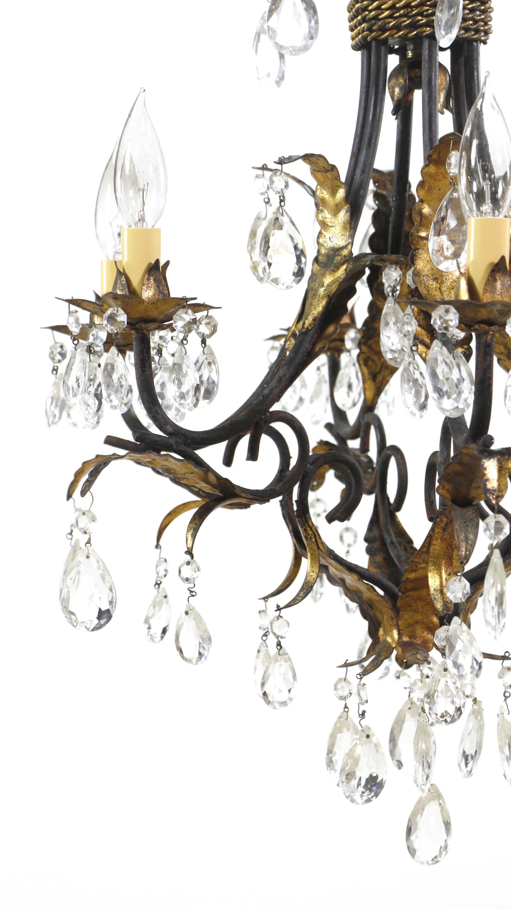 Tole Crystal Chandelier Black + Gold Gilt Leaves Ropes Vines For Sale 7