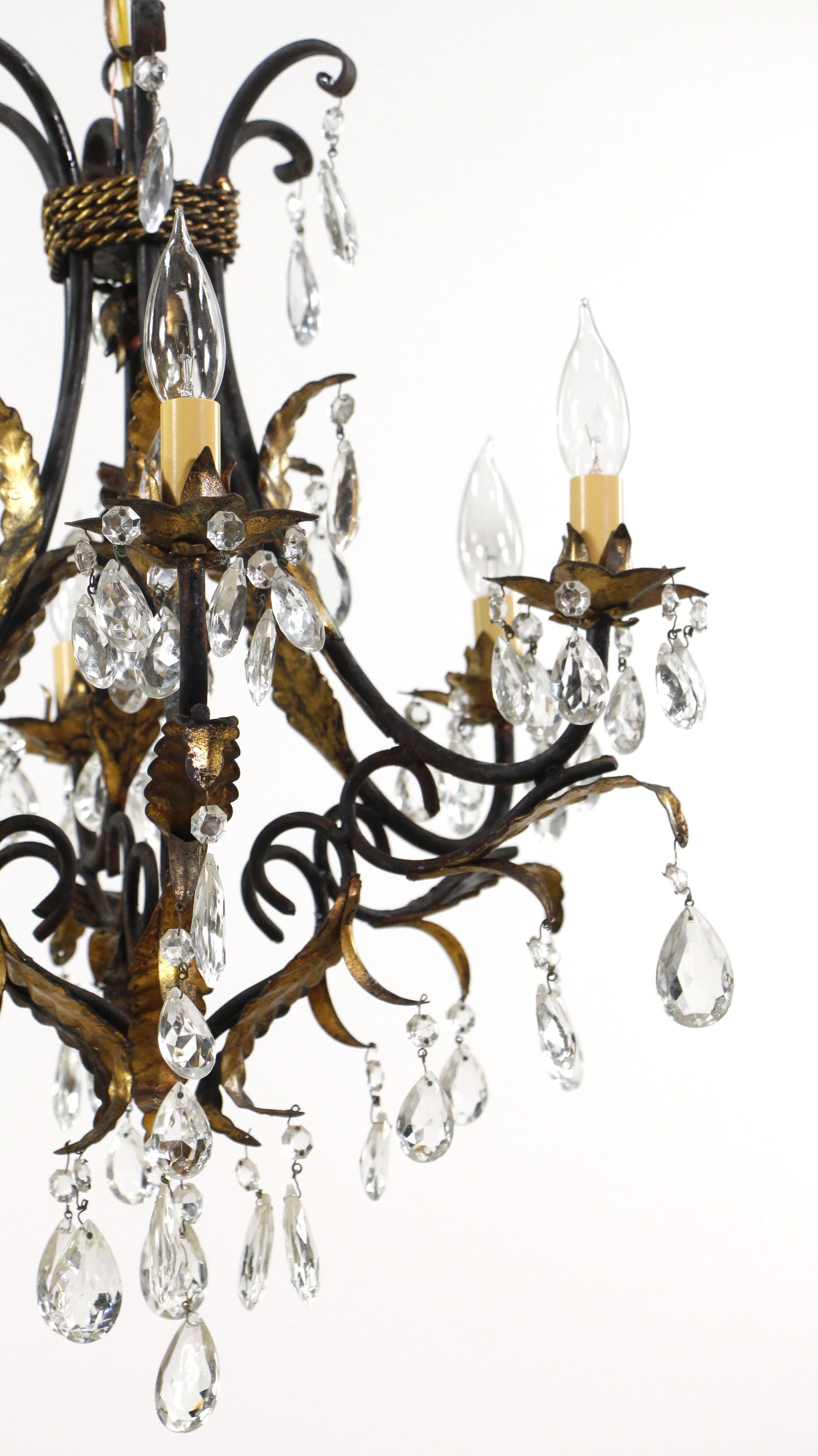Tole Crystal Chandelier Black + Gold Gilt Leaves Ropes Vines For Sale 8