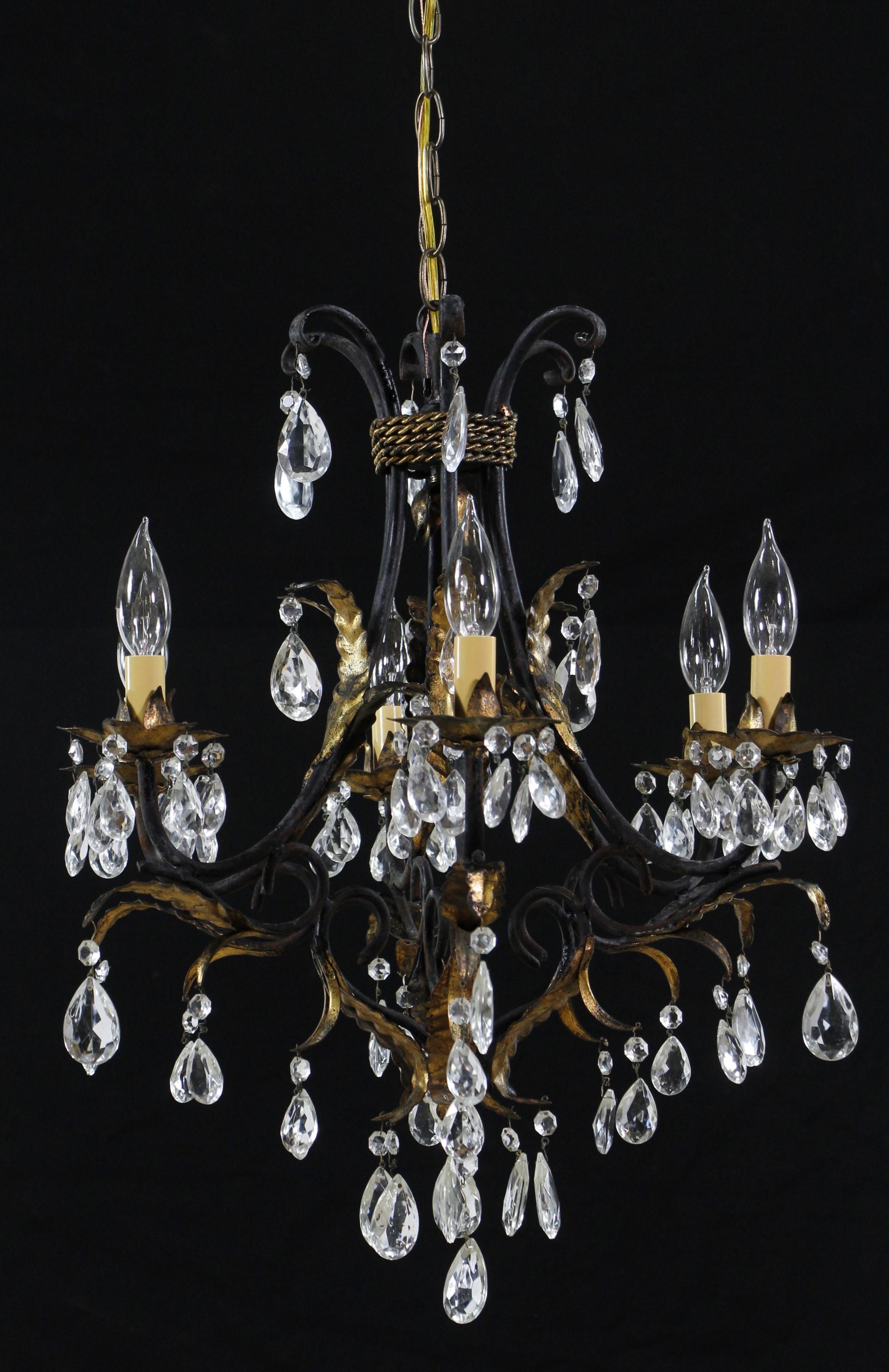 Tole Crystal Chandelier Black + Gold Gilt Leaves Ropes Vines In Good Condition For Sale In New York, NY