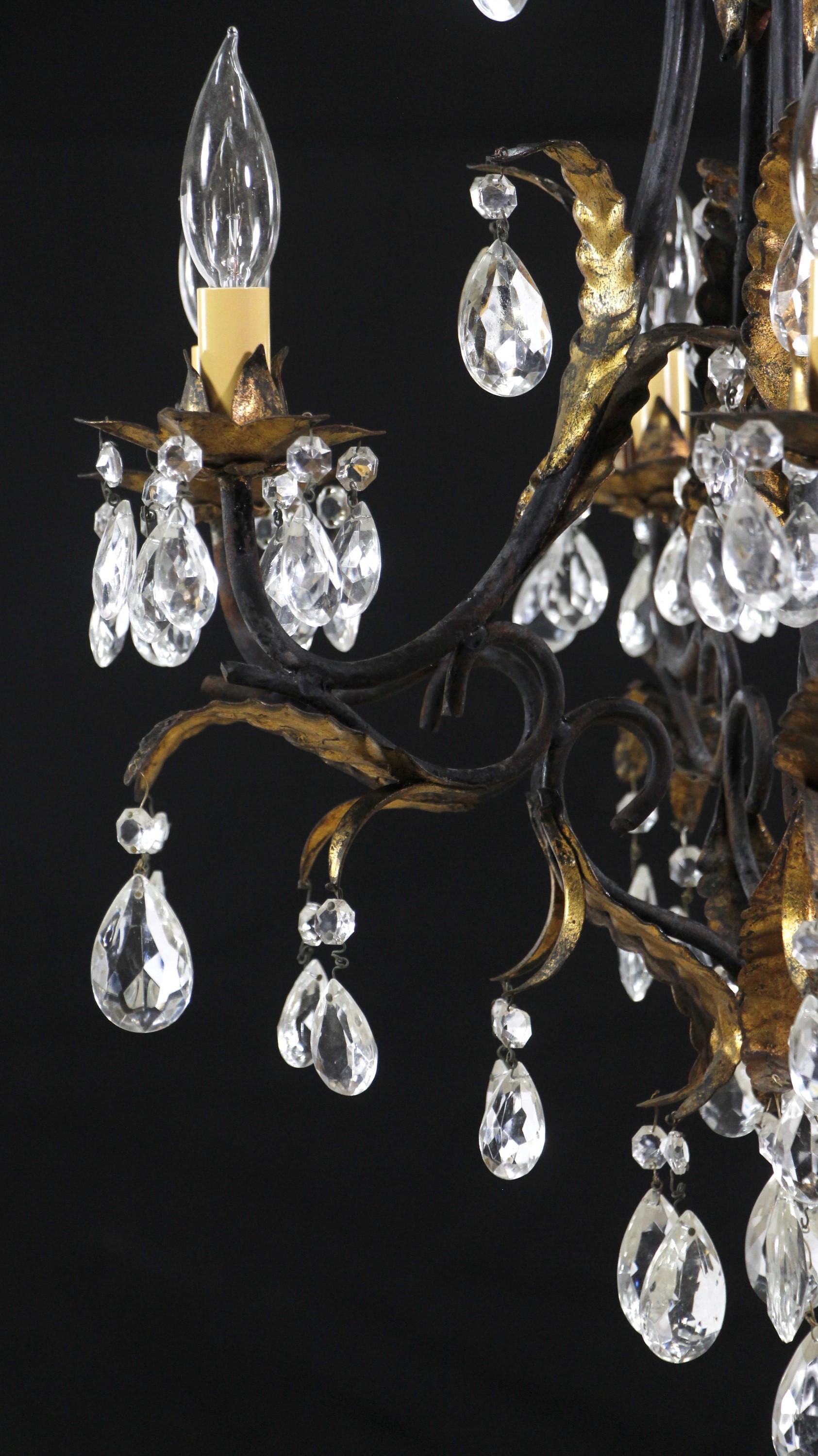 20th Century Tole Crystal Chandelier Black + Gold Gilt Leaves Ropes Vines For Sale