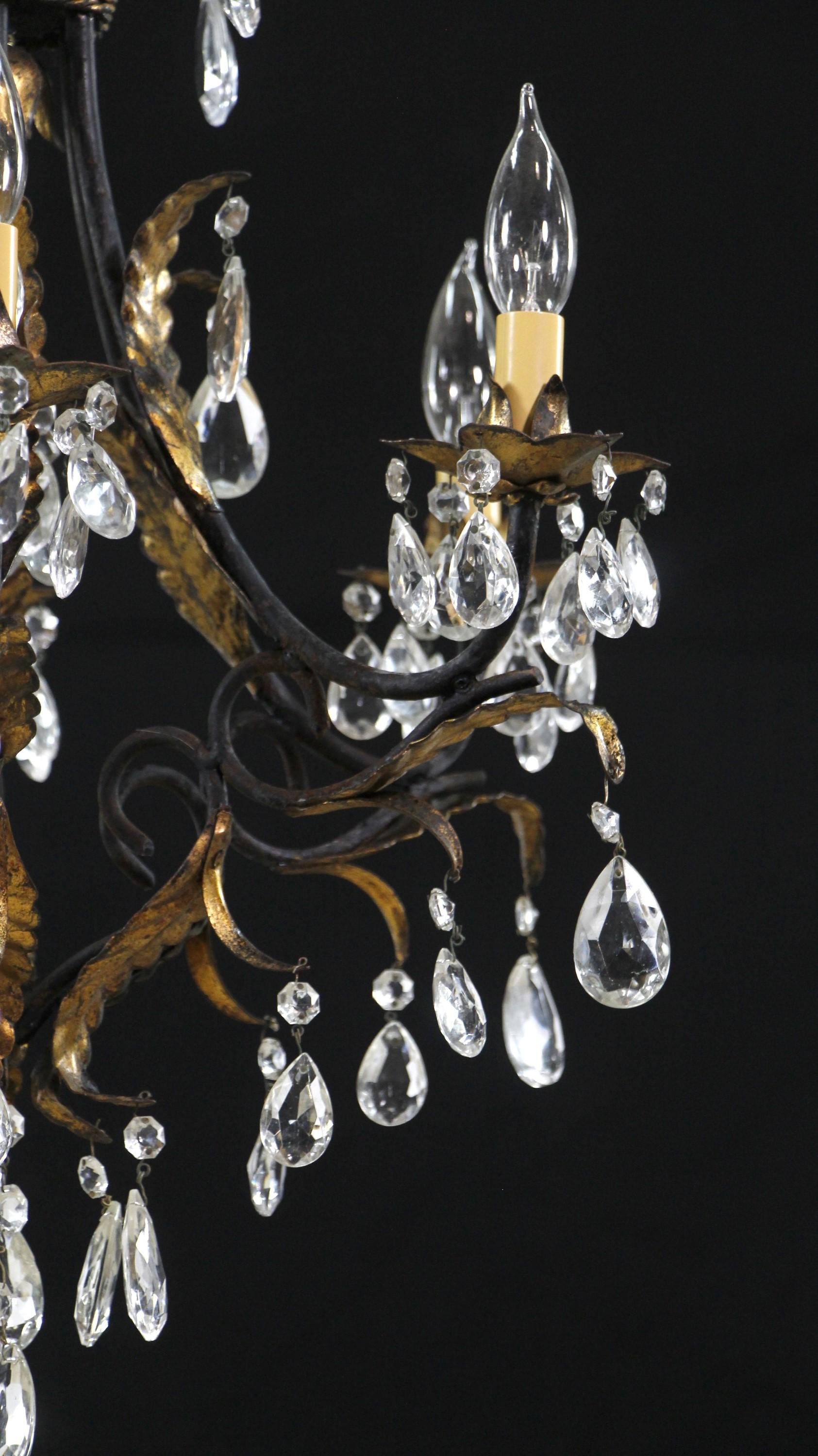 Metal Tole Crystal Chandelier Black + Gold Gilt Leaves Ropes Vines For Sale