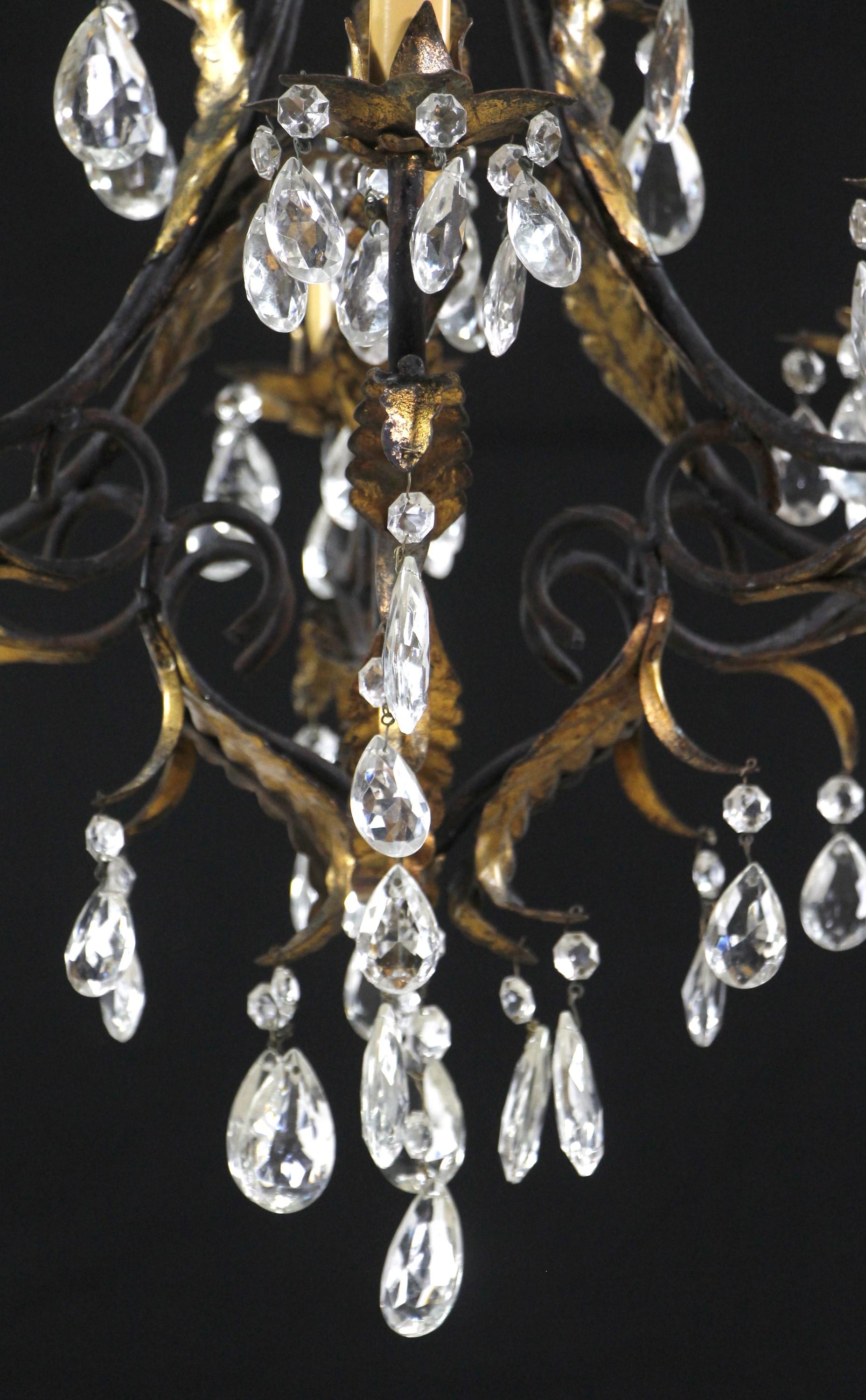 Tole Crystal Chandelier Black + Gold Gilt Leaves Ropes Vines For Sale 1