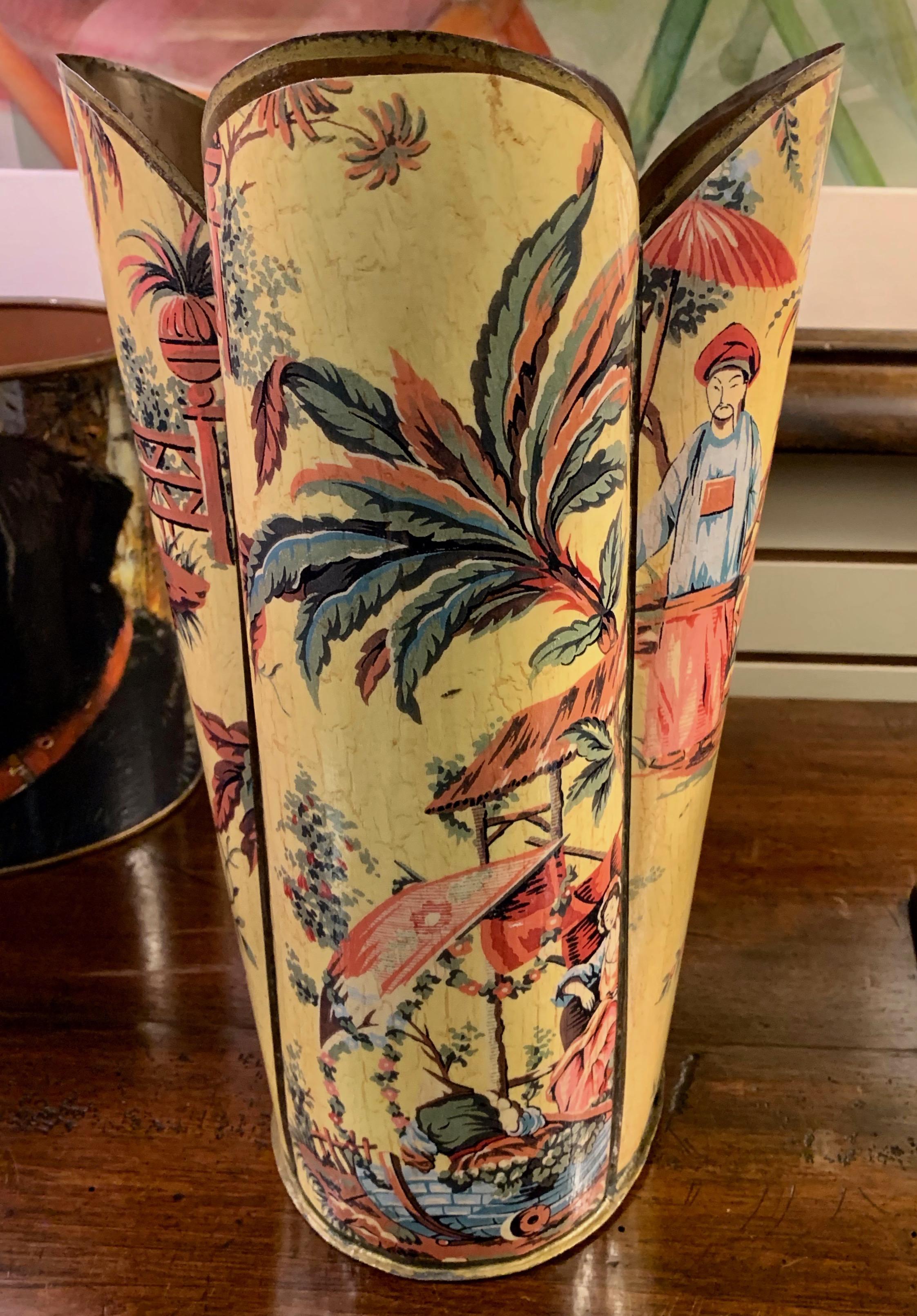 Scalloped tin decoupage applied paper in Chinoiserie style - Beautifully applied and in wonderful condition. The vibrant and classic motif works well in many rooms. A scene that works well in the traditional home to the modern space.