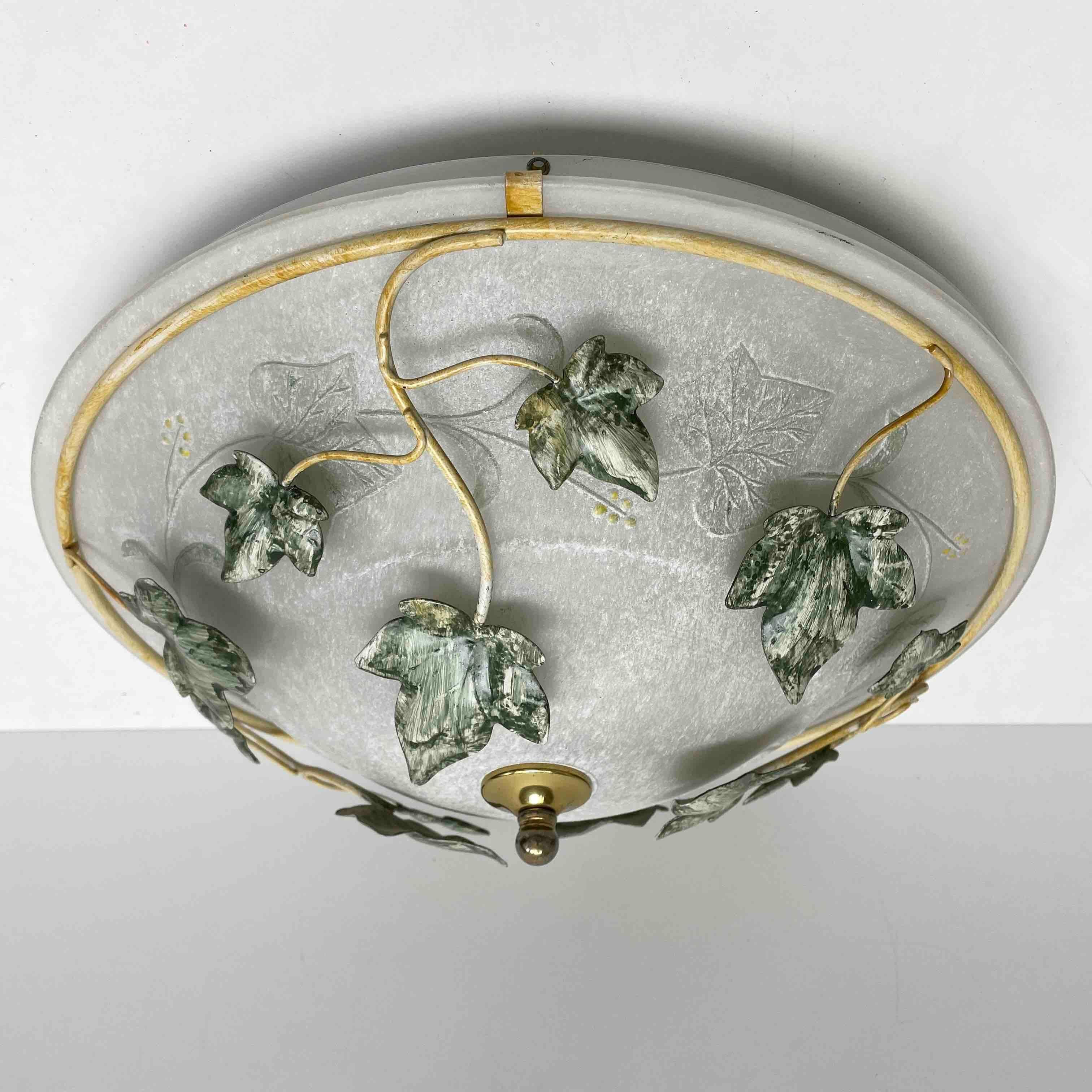 German Tole Florentine Leaf & Glass Hollywood Regency Flush Mount, Koegl Leuchten For Sale