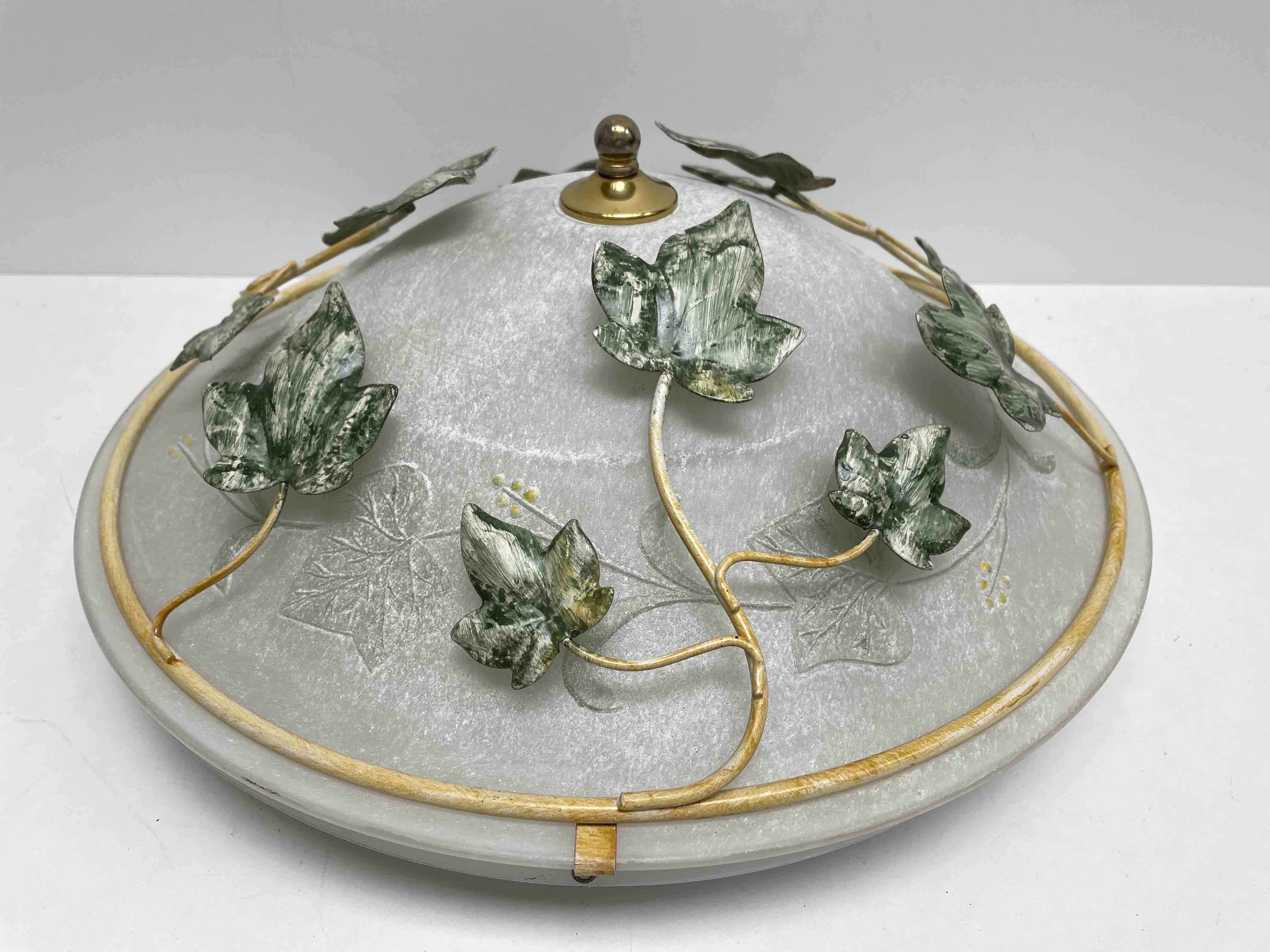 Metal Tole Florentine Leaf & Glass Hollywood Regency Flush Mount, Koegl Leuchten For Sale