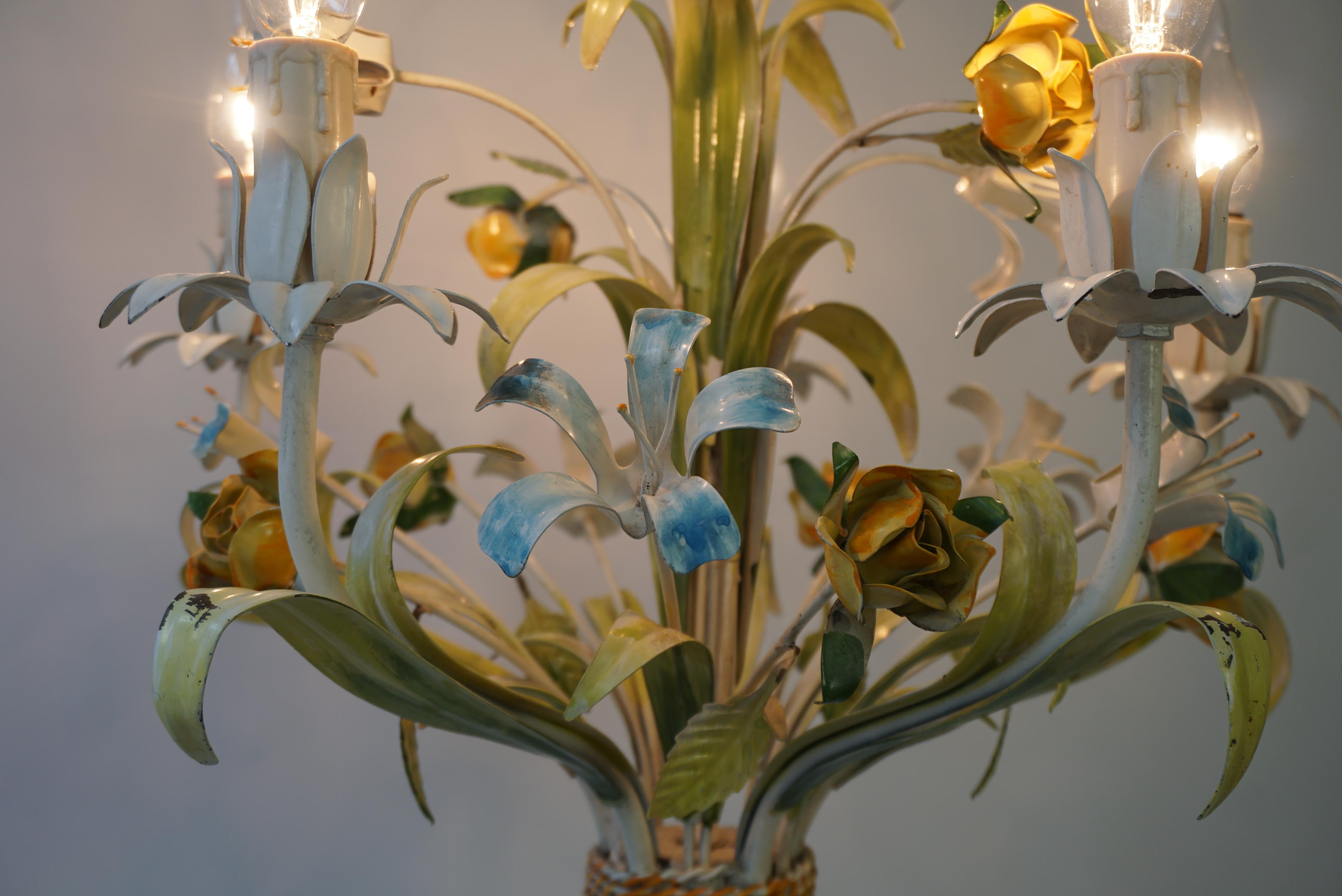 Painted Tole Flower Chandelier, Italy, 1950s