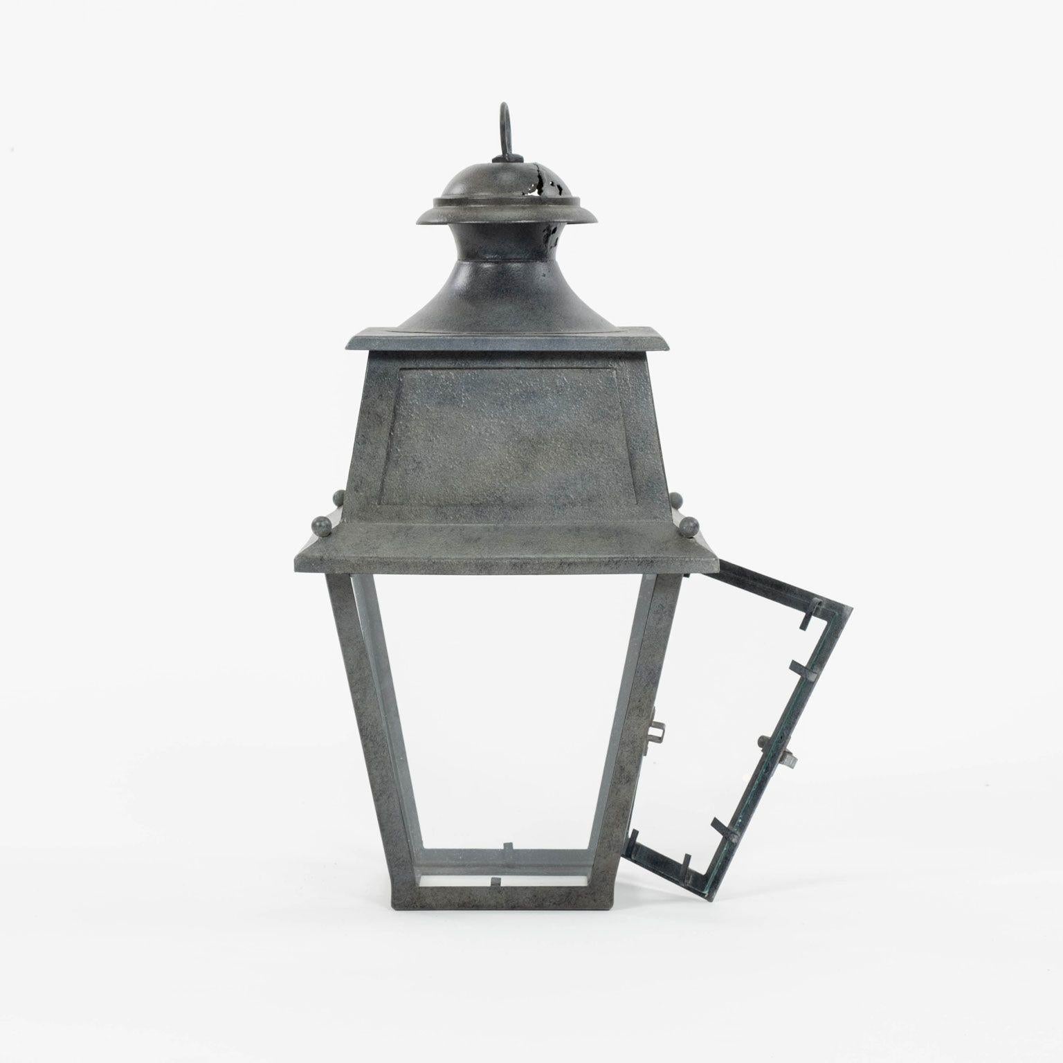 Tole, Glass and Iron Lantern In Fair Condition For Sale In Houston, TX