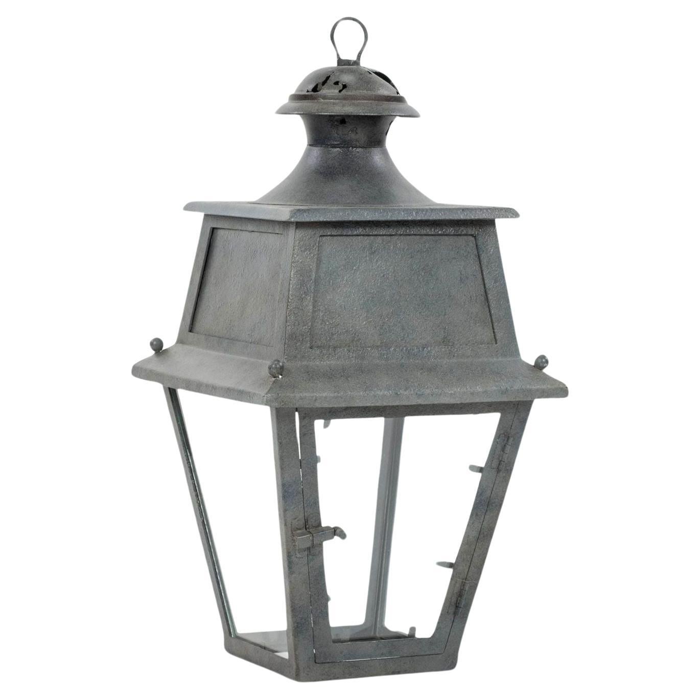 Tole, Glass and Iron Lantern For Sale