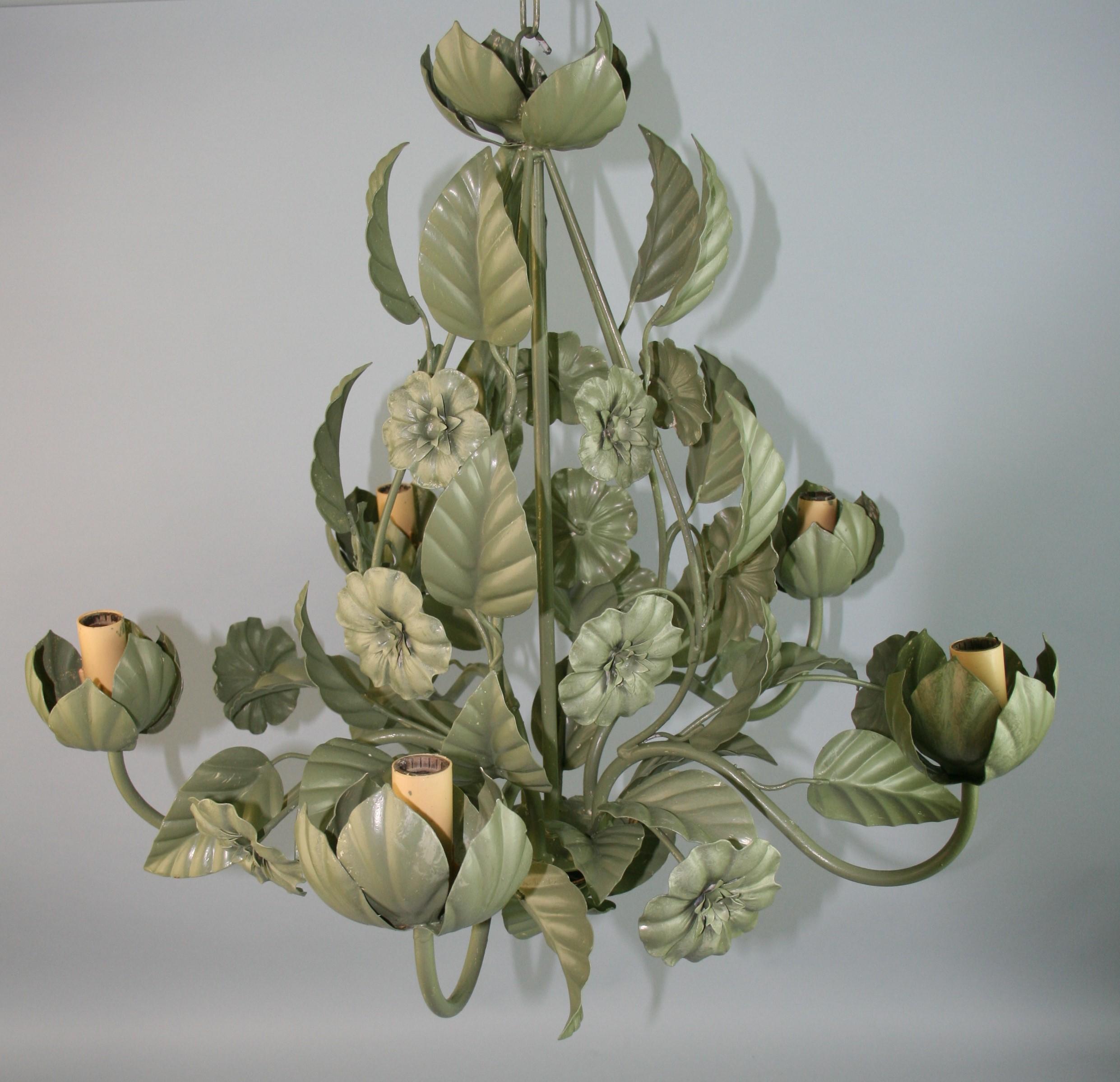 1411 Italian tole leaf and flower chandelier.
Supplied with 3 feet additional chain and canopy.