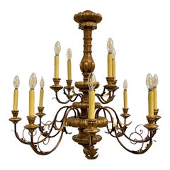 Vintage Tole Metal and Wood 12-Arm Chandelier