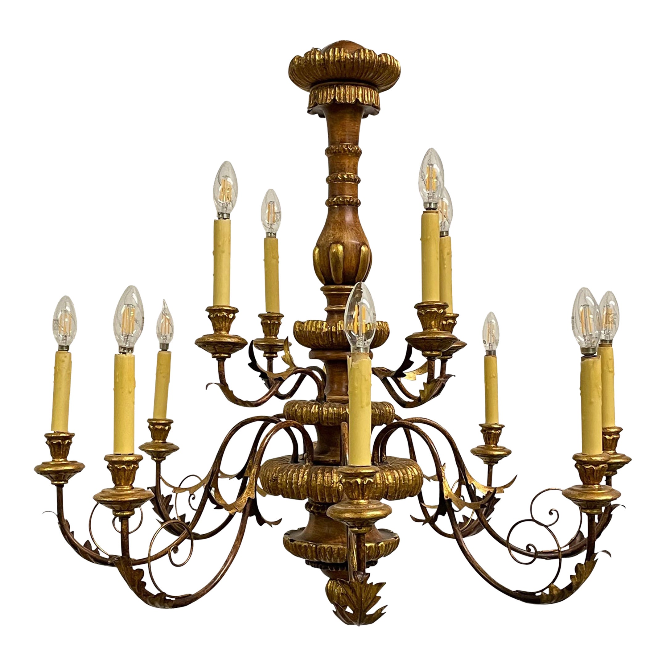 Tole Metal and Wood 12-Arm Chandelier For Sale