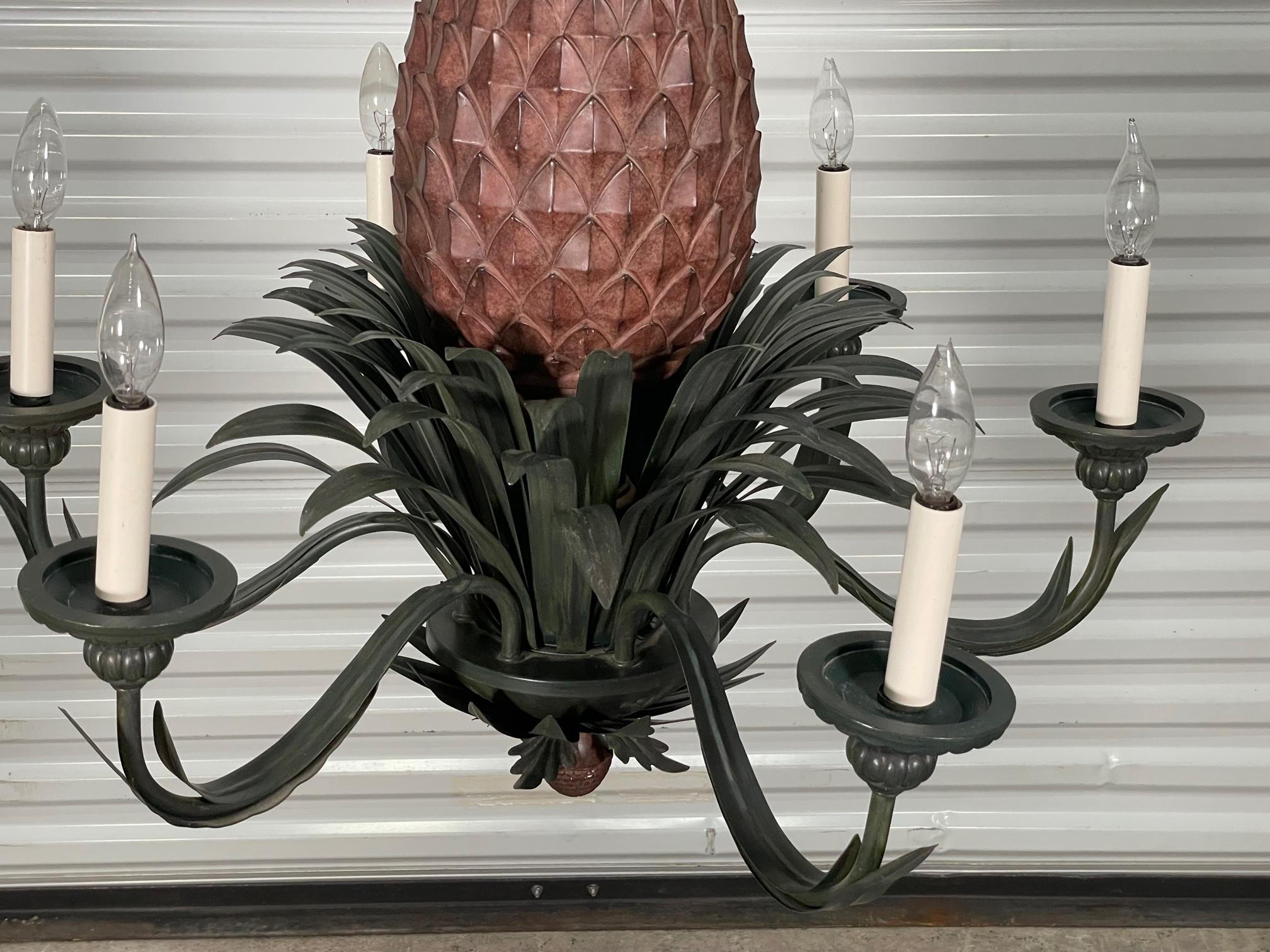 Hollywood Regency Tole Metal Large Sculptural Pineapple Chandelier, 2 Available