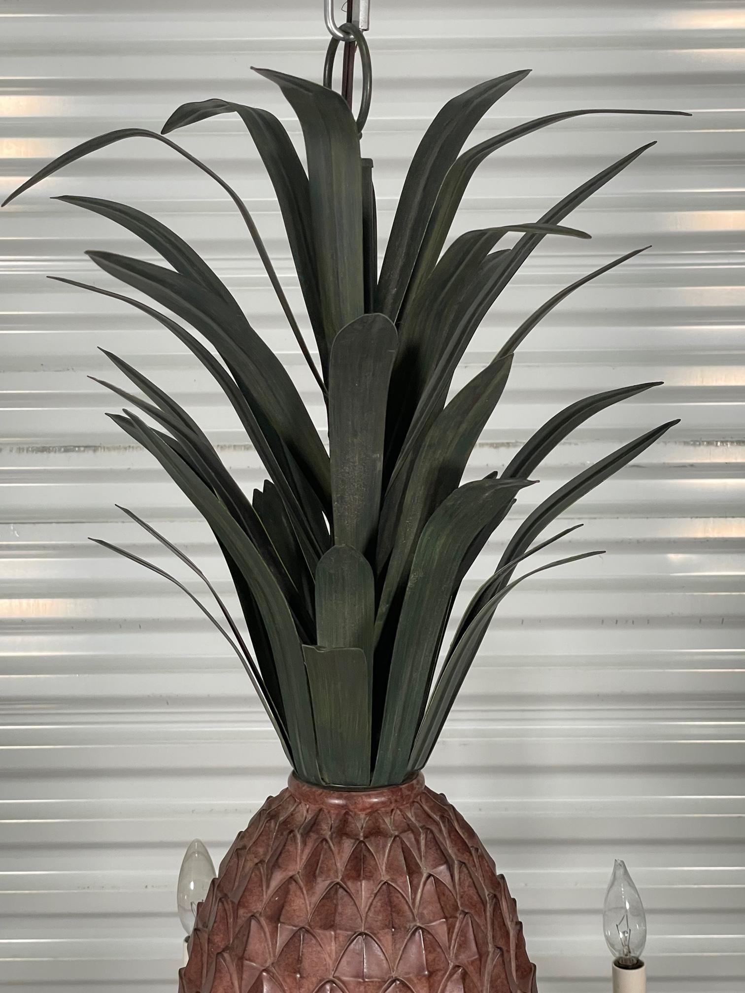 Tole Metal Large Sculptural Pineapple Chandelier, 2 Available In Good Condition For Sale In Jacksonville, FL