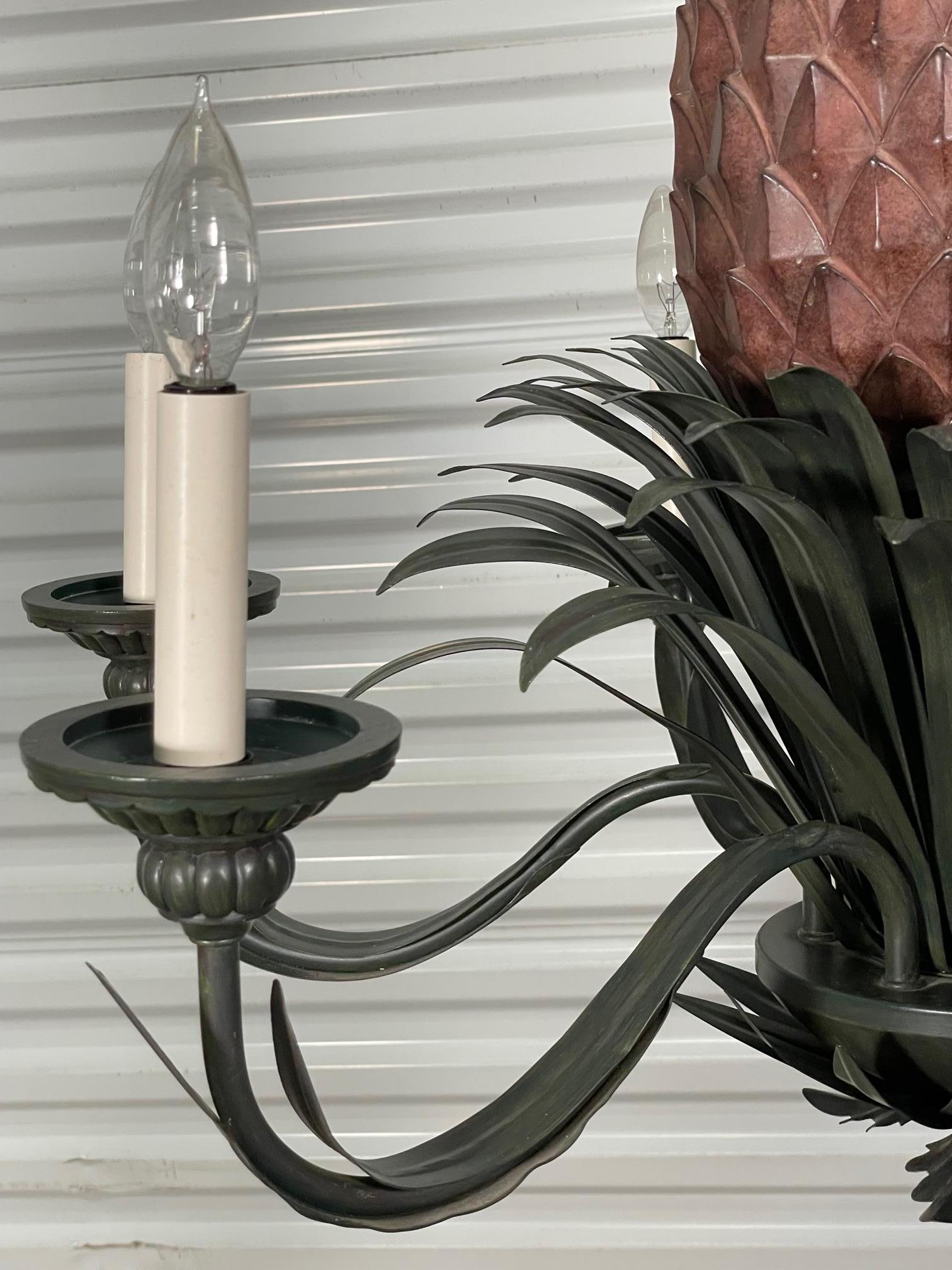 Tole Metal Large Sculptural Pineapple Chandelier, 2 Available In Good Condition In Jacksonville, FL