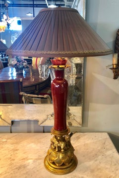 Tole Metal & Red Glaze Table Lamps on Gilt Elephant Bases Signed F. Cooper, Pair