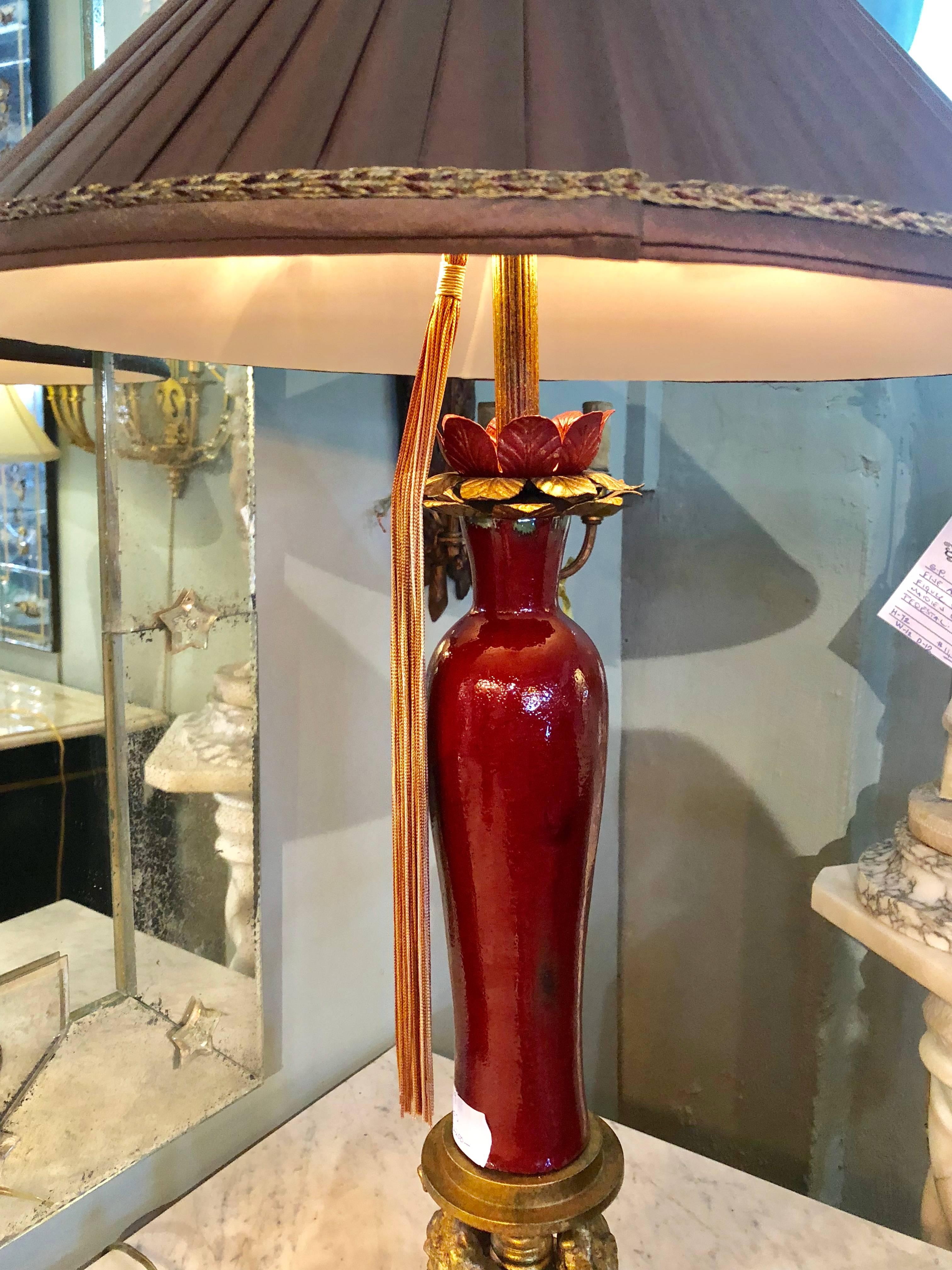 Tole Metal & Red Glaze Table Lamps on Gilt Elephant Bases Signed F. Cooper, Pair 1