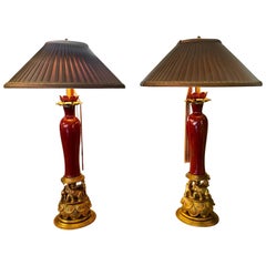 Vintage Tole Metal & Red Glaze Table Lamps on Gilt Elephant Bases Signed F. Cooper, Pair