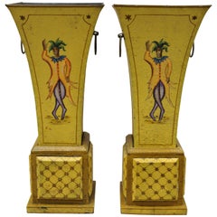 Tole Metal Regency Empire Italian Style Yellow Painted Planter Vase, a Pair