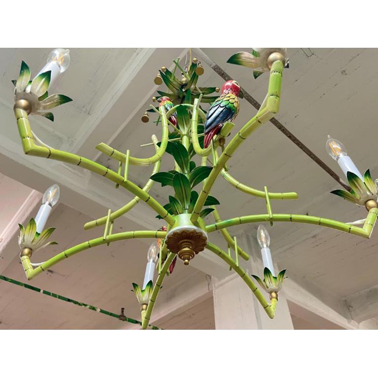 Hollywood Regency Tole Metal Tropical Hand Painted Parrot Chandelier