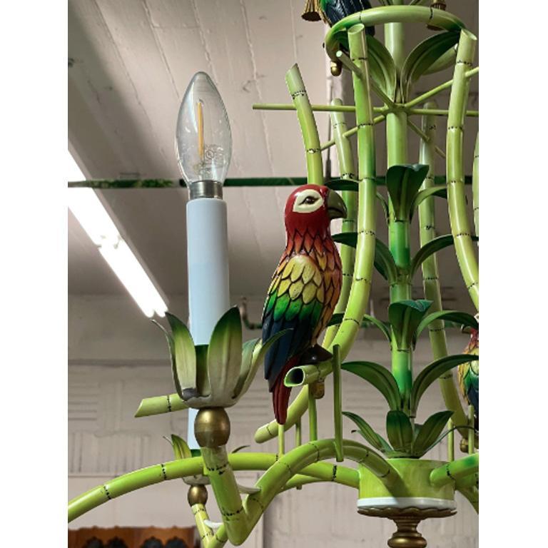 Tole Metal Tropical Hand Painted Parrot Chandelier In Good Condition In Jacksonville, FL