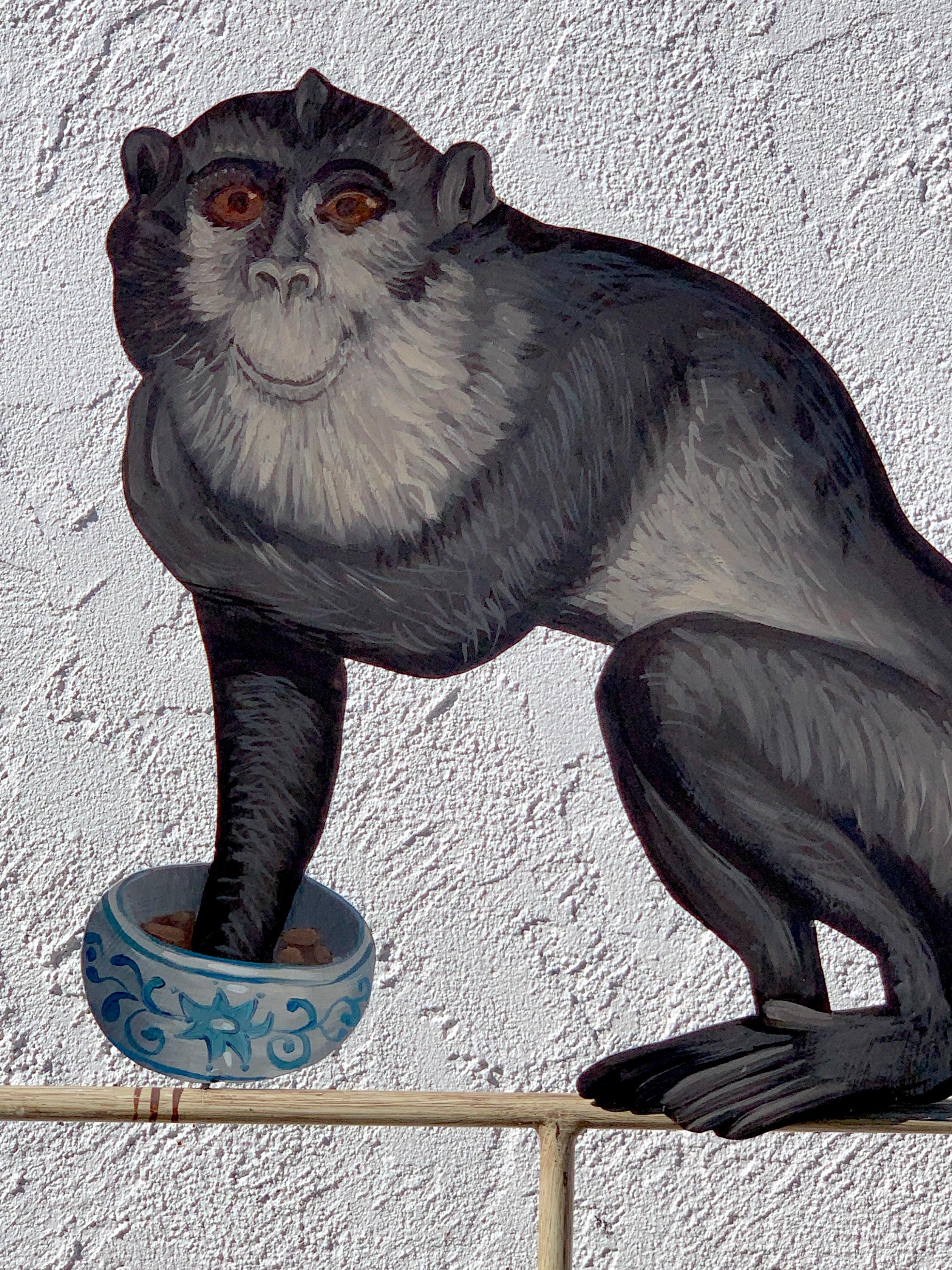 Hand-Painted Tole Monkey with Chinese Export Bowl Towel Rack For Sale