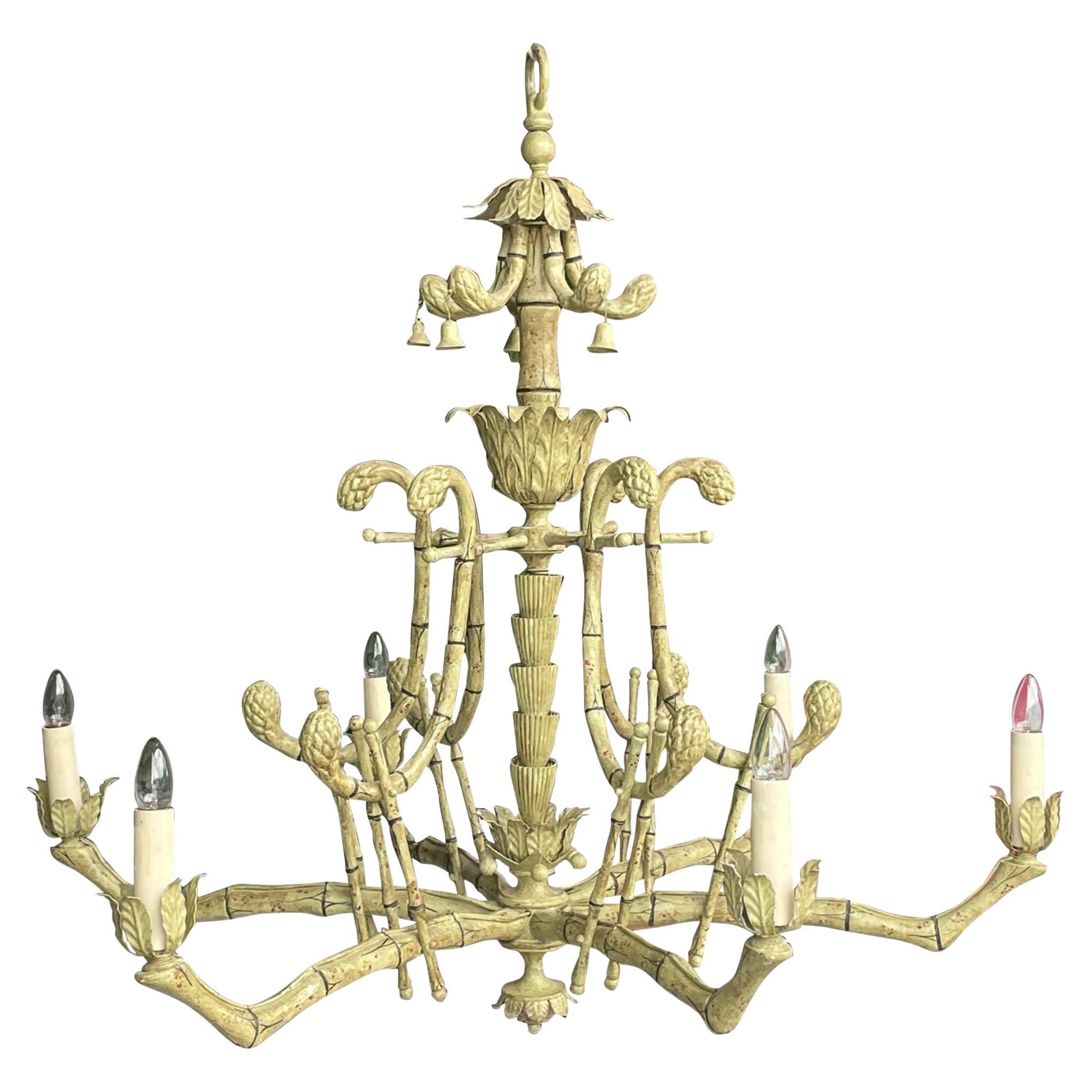 Tole Pagoda Style Metal Faux Bamboo Large Chandelier by Vaughan